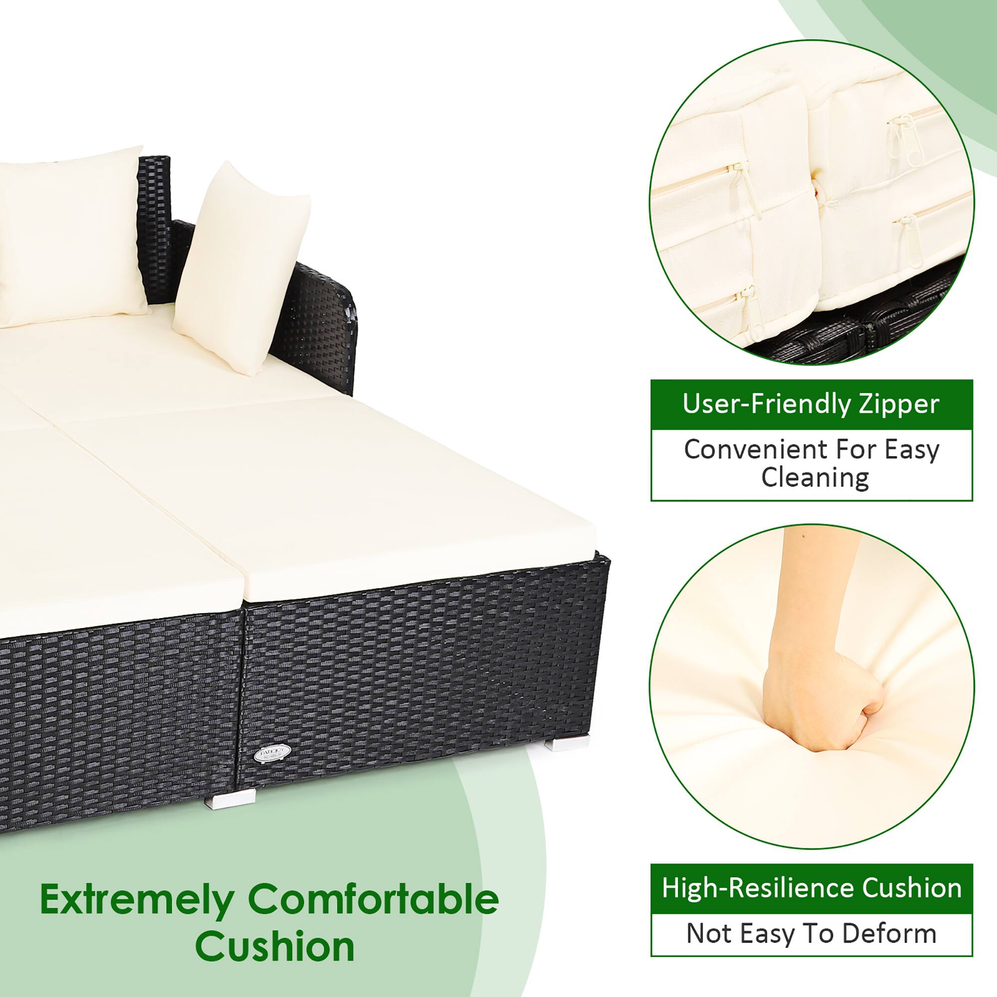 The text on the image is grouped and corrected as follows:
User-Friendly Zipper: Convenient for easy cleaning.
Extremely Comfortable Cushion: High-resilience cushion, not easy to deform.