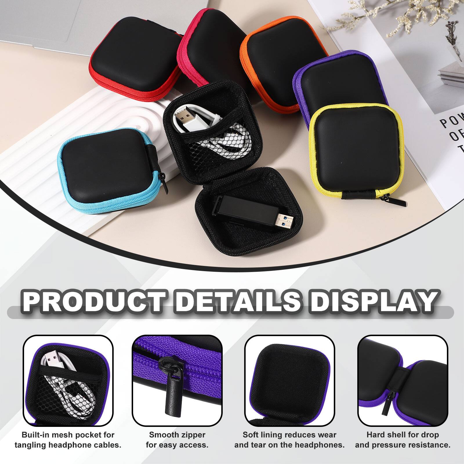 PRODUCT DETAILS DISPLAY

- Built-in mesh pocket for tangling headphone cables.
- Smooth zipper for easy access.
- Soft lining reduces wear and tear on the headphones.
- Hard shell for drop and pressure resistance.
