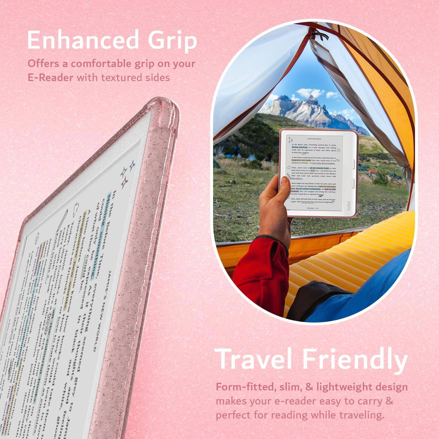 Enhanced Grip  
Offers a comfortable grip on your E-Reader with textured sides  

Travel Friendly  
Form-fitted, slim, & lightweight design makes your e-reader easy to carry & perfect for reading while traveling.
