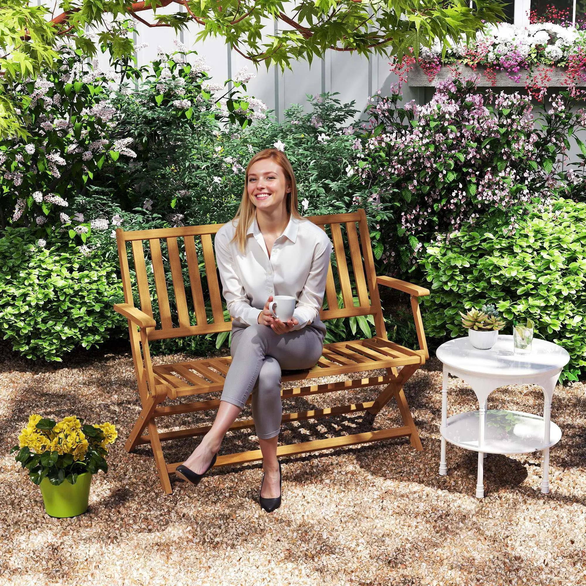 Left. Resenkos - Resenkos 2-Seater Collapsible Teak Bench with Headrest & Armrests, Perfect for Patio, Deck, Outdoor, Teak - Teak.