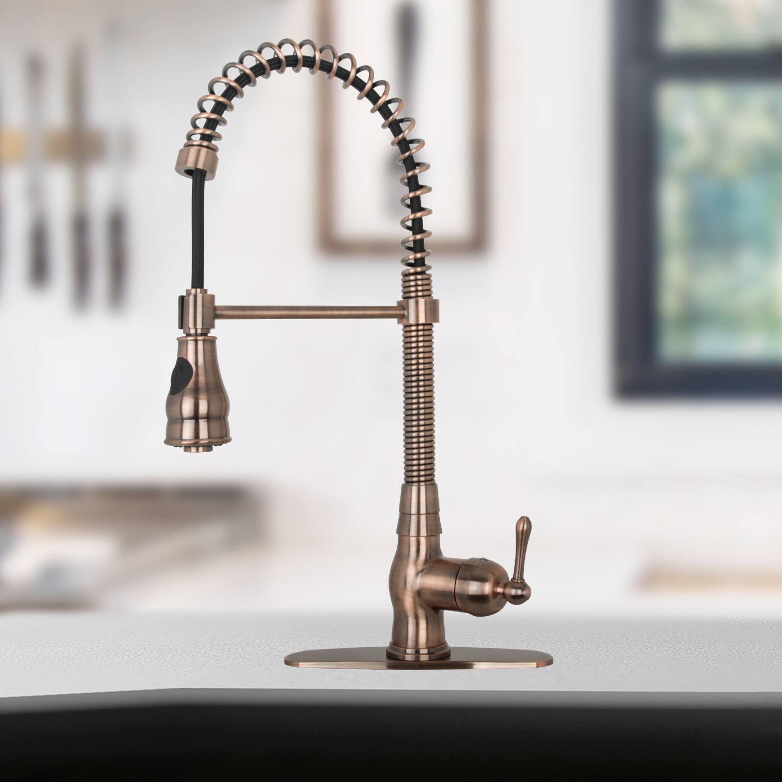 Alt View 7. Akicon - Akicon Solid Brass Pre-Rinse Spring Single Handle Kitchen Faucet with Pull Down Sprayer in Antique Copper - Antique Copper.