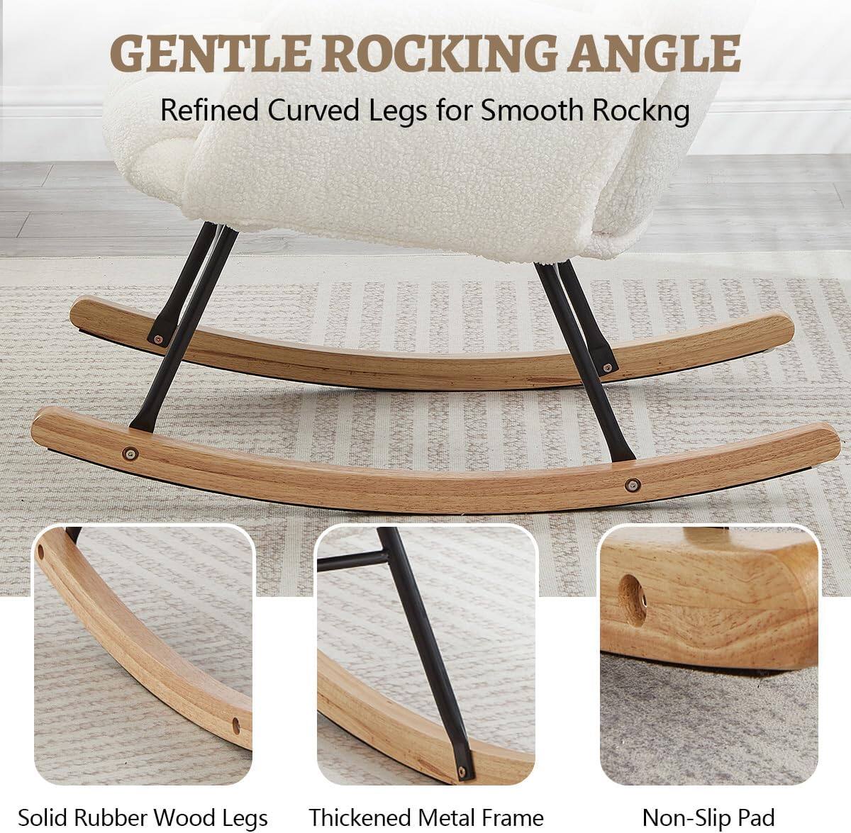 GENTLE ROCKING ANGLE  
Refined Curved Legs for Smooth Rocking  

- Solid Rubber Wood Legs  
- Thickened Metal Frame  
- Non-Slip Pad