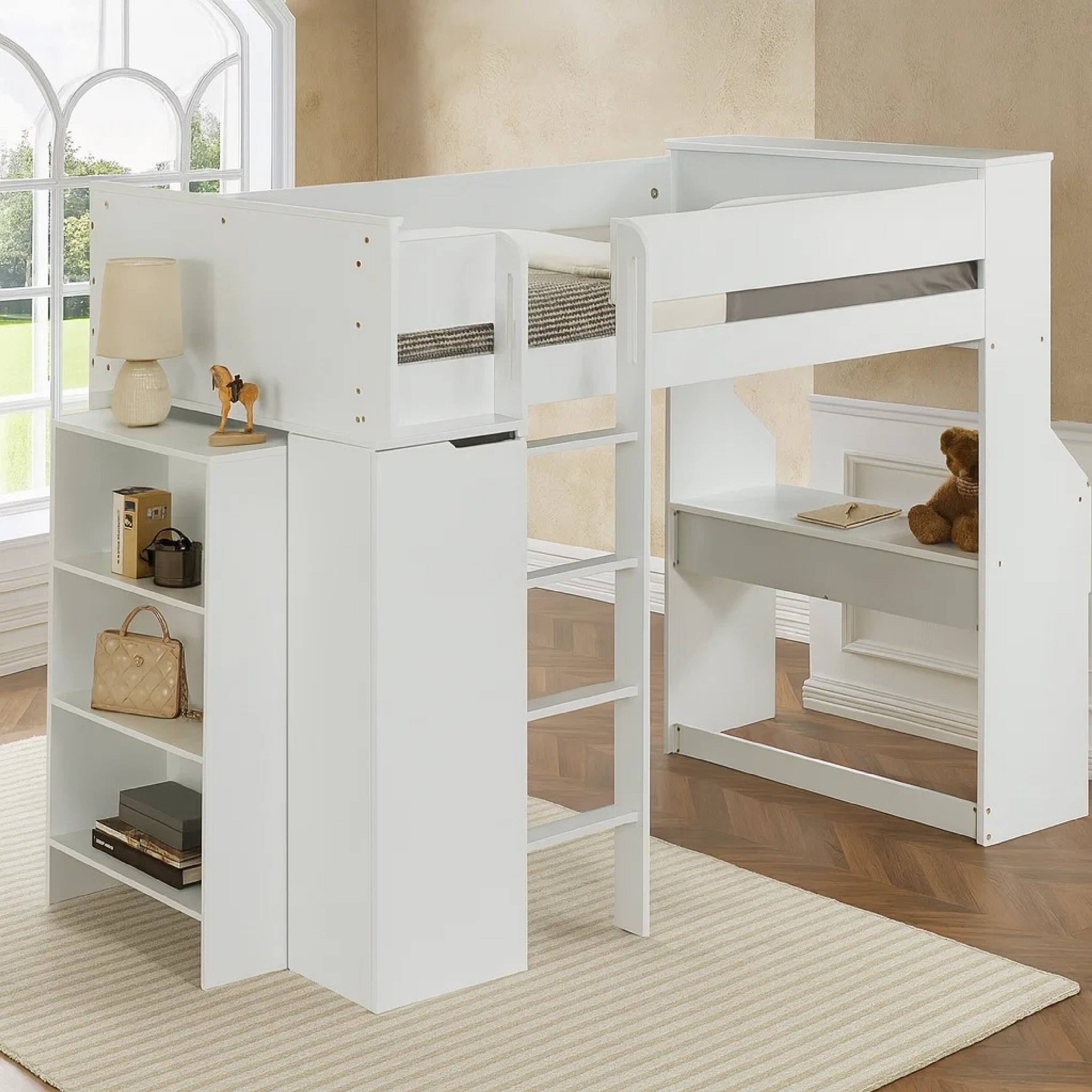 Alt View 6. Manhattan Lane - Wooden Twin Size Loft Bunk Bed with Workstation and Ladder, White - White.