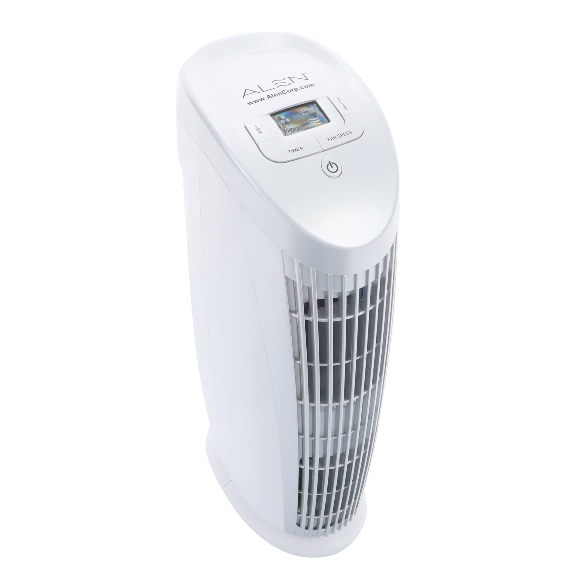 The image features a white fan with a digital display on the front. The fan is designed by Alen Corporation and is available in two colors, white and black. The display on the fan shows the current fan speed, which can be adjusted by pressing the buttons on the front panel. The fan is a portable and efficient device for cooling and ventilation purposes.