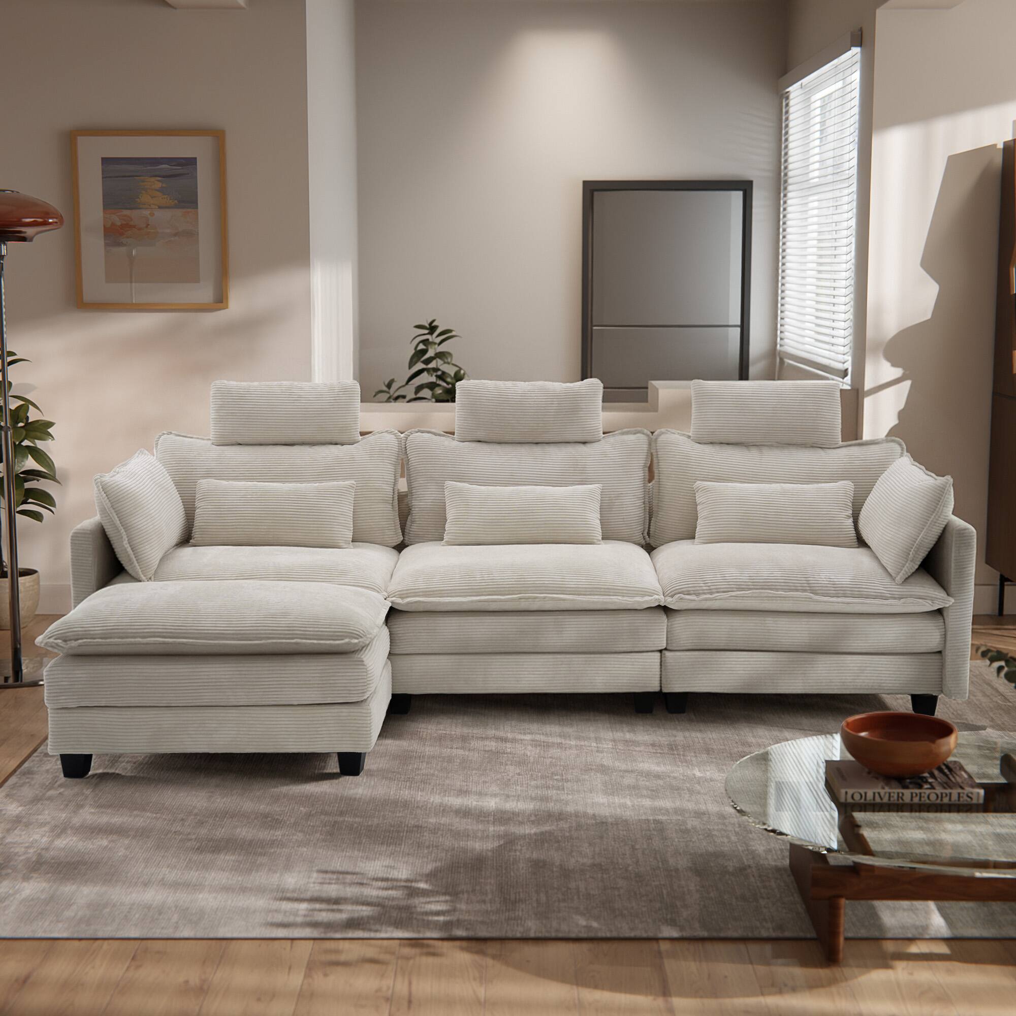 Homsee - Corduroy L-Shaped Sectional Sofa, 4-Seater Living Room Couch with High Backrest, Pocket Springs & Plush Pillows - White