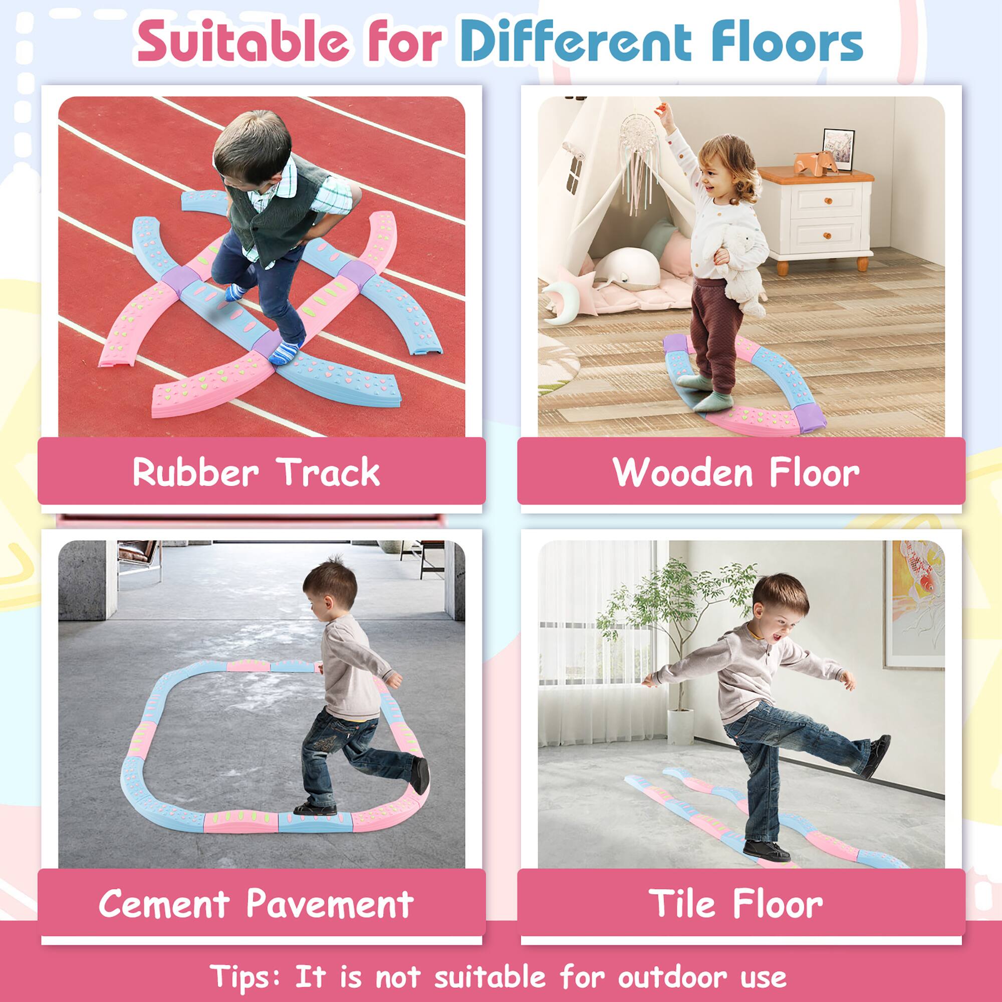 Suitable for Different Floors

Rubber Track  
Wooden Floor  
Cement Pavement  
Tile Floor  

Tips: It is not suitable for outdoor use