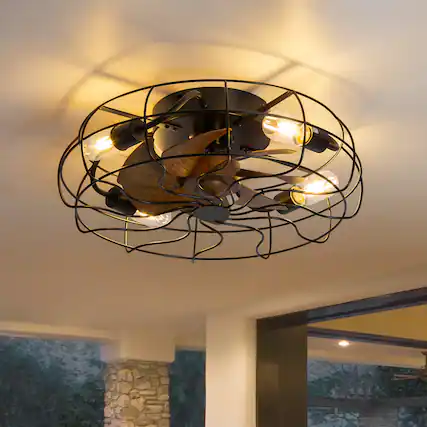 Front. Breezary - 19/24 Inch Durable Cage Ceiling Fan with Light Remote Control Flush Surface Mount for Bedroom Living Room - Matte Black.