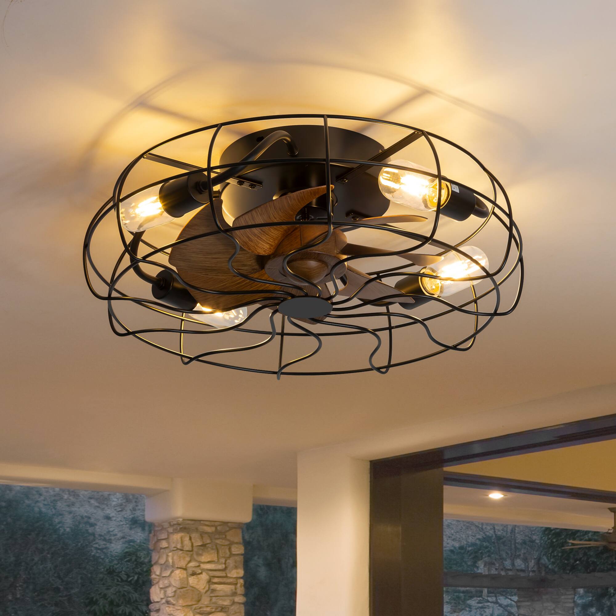 Breezary - 19-In Traditional Caged Ceiling Fan with Light, Remote Control, 7 Blades, Flush Mount Fandelier for Bedroom, Living Room - Matte Black