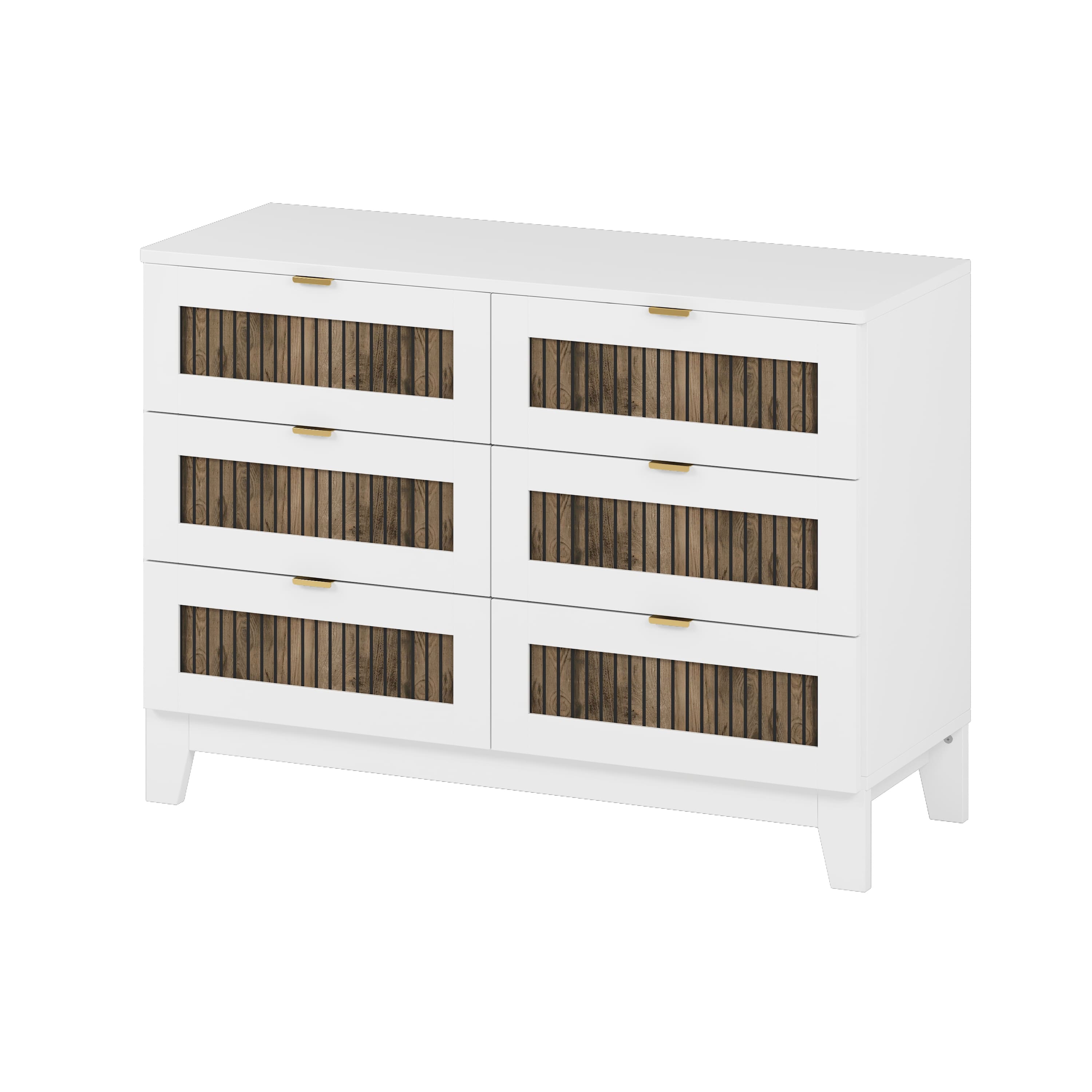 Spaco - Wooden Dresser with 6 Drawers, Storage Cabinet for Bedroom with Metal Handles, Rustic Farmhouse Style - White