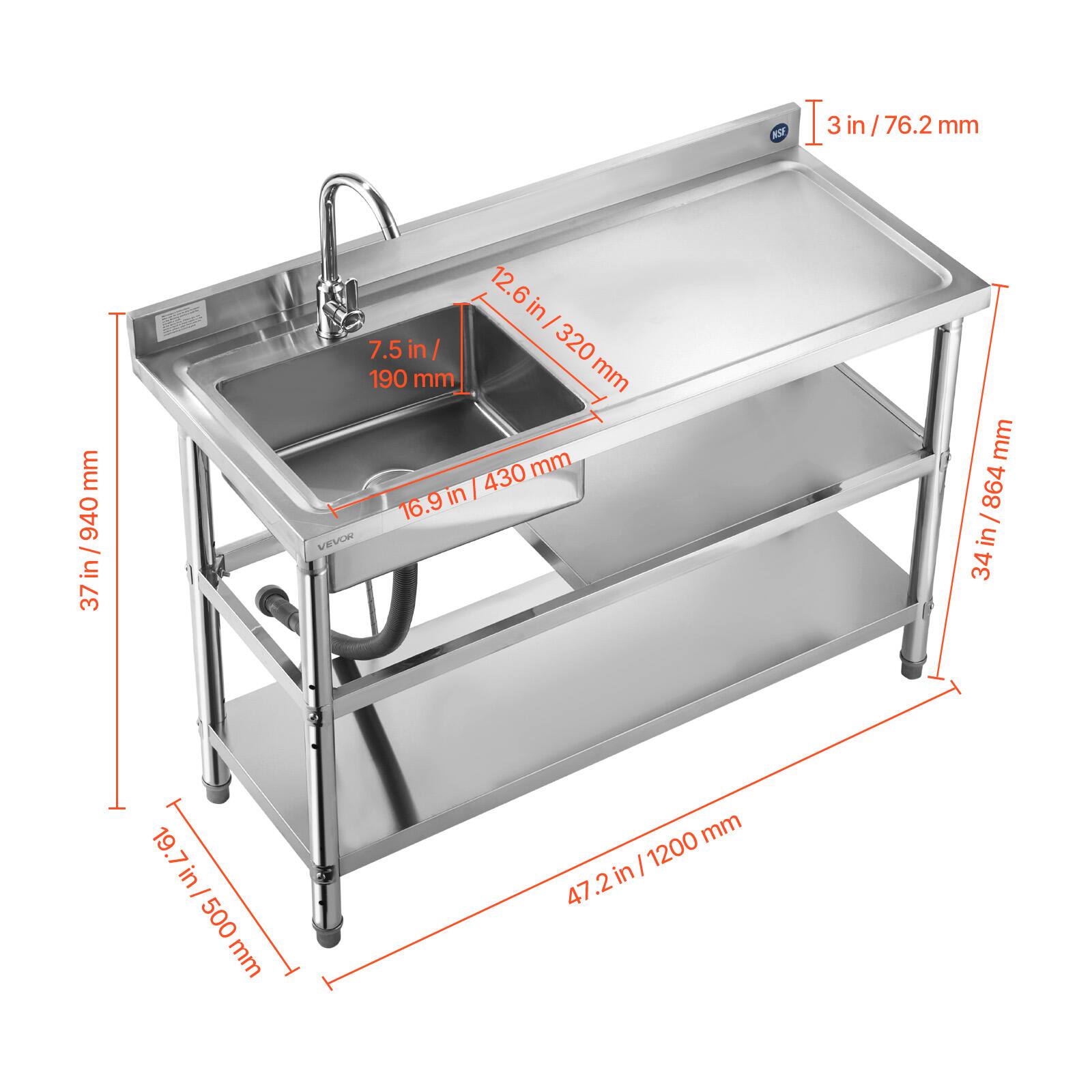 Sure, here is the corrected and grouped text from the image:

- **Width:** 47.2 in / 1200 mm
- **Depth:** 37 in / 940 mm
- **Height:** 34 in / 864 mm
- **Sink Dimensions:**
  - **Width:** 16.9 in / 430 mm
  - **Depth:** 12.6 in / 320 mm
  - **Height:** 7.5 in / 190 mm
- **Drain:** 3 in / 76.2 mm