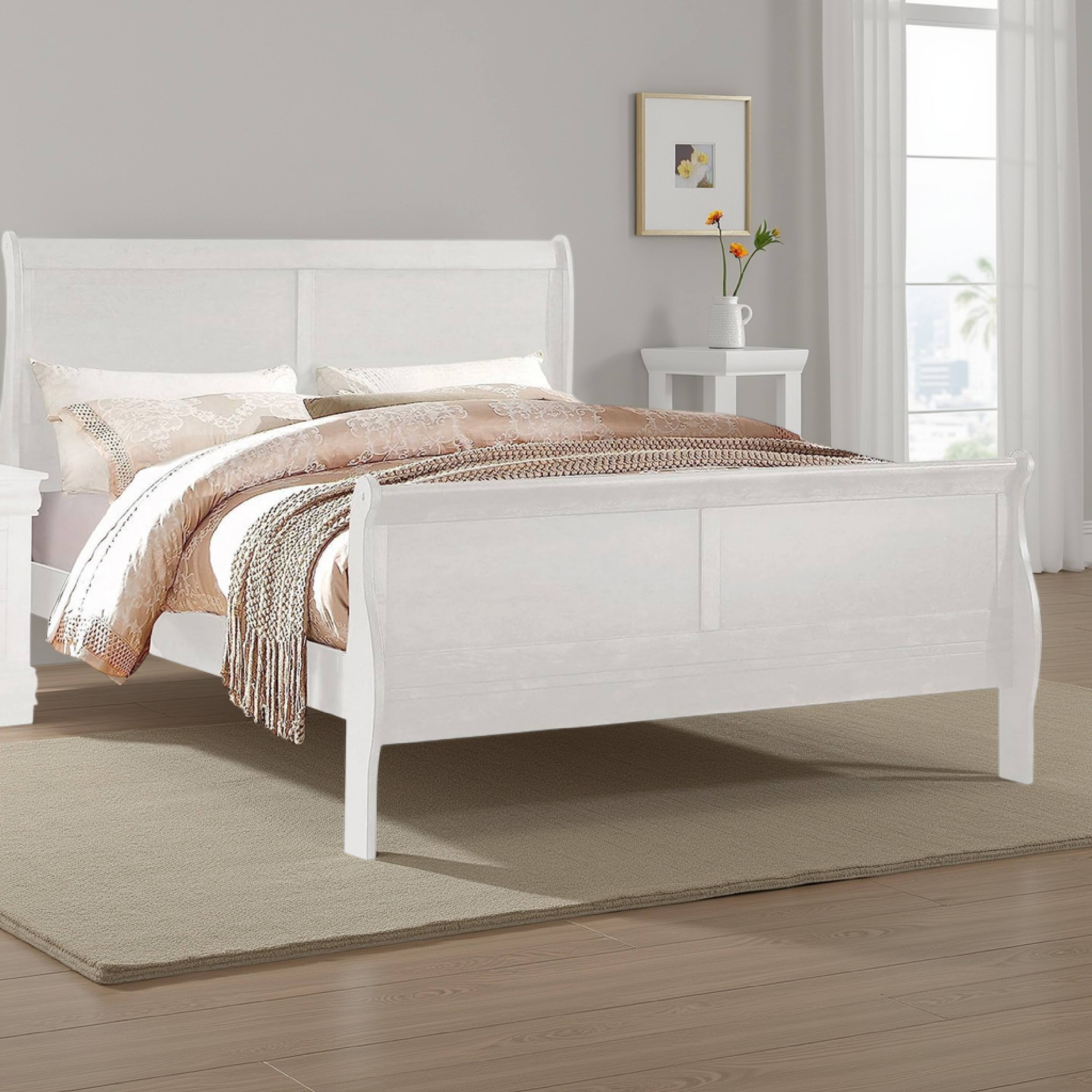 Alt View 5. Manhattan Lane - Nin Queen Size Sleigh Bed, Minimalist Style Headboard, Classic White Wood - White.