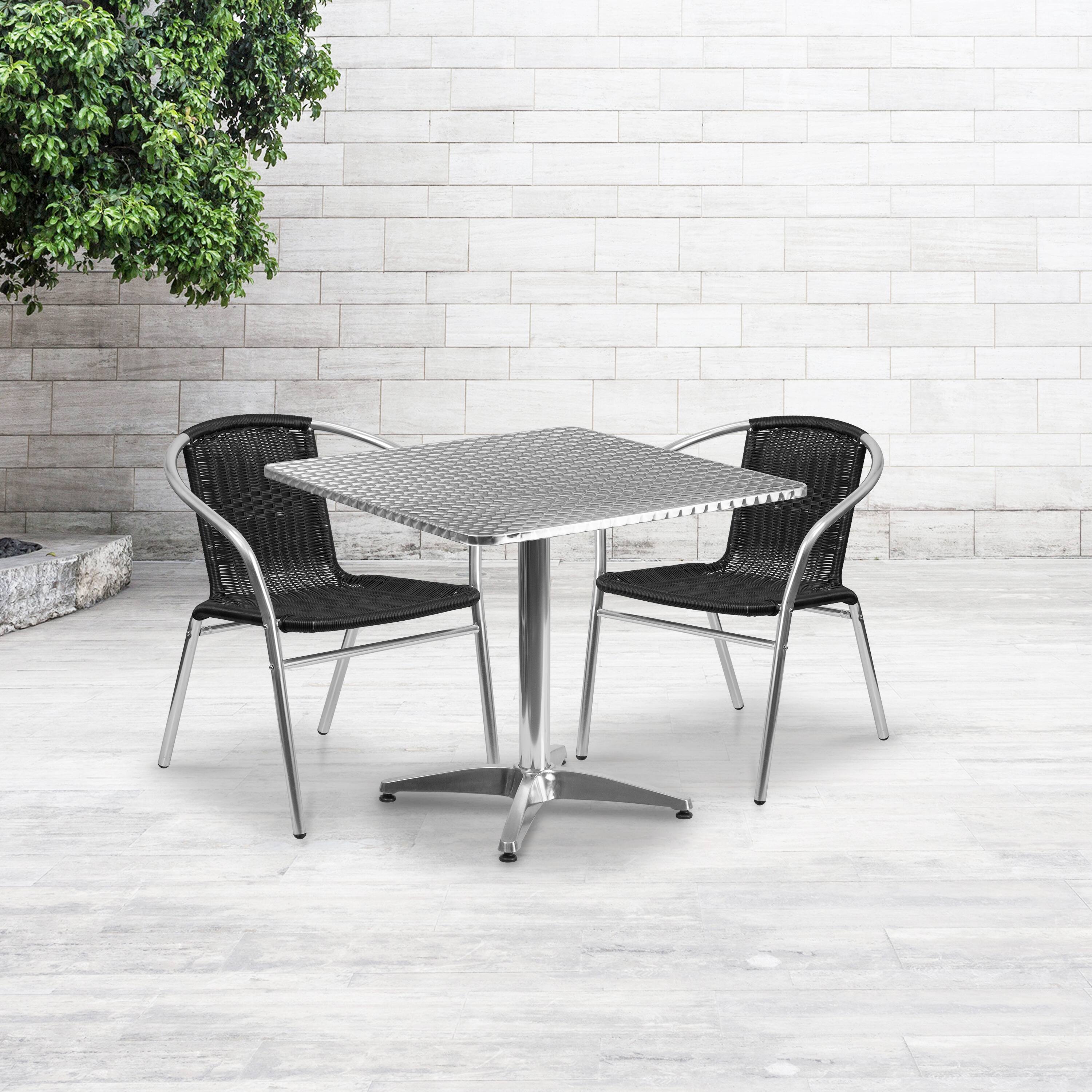 Alt View 1. Emma + Oliver - 31.5" Square Aluminum Garden Patio Table Set with 2 Rattan Chairs - Black.