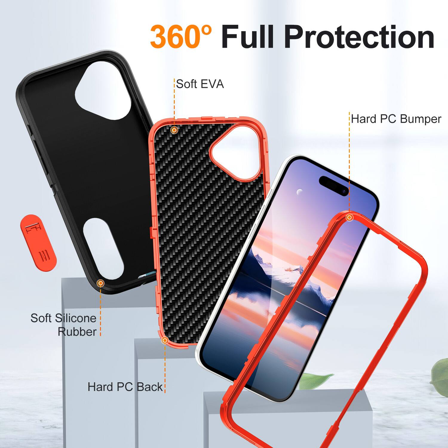 360° Full Protection

- Soft EVA
- Hard PC Bumper
- Soft Silicone Rubber
- Hard PC Back