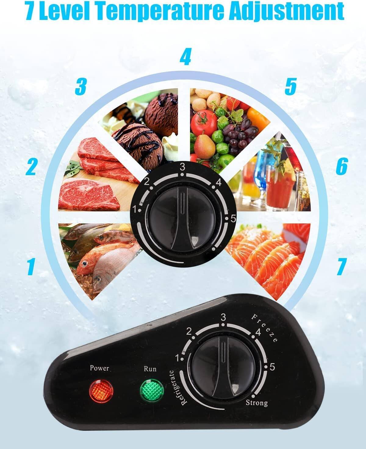7 Level Temperature Adjustment

1. Power
2. Run
3. Refrigerate
4. Freeze
5. Strong
