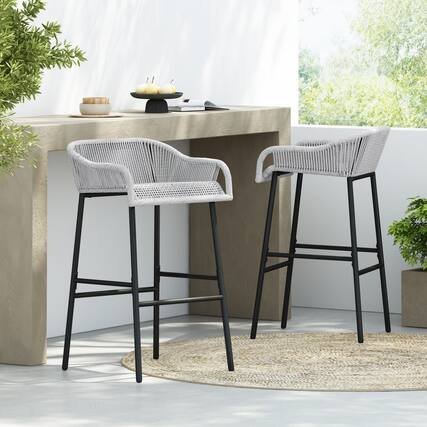 Front. HTUTWOO - Barstool Set of 2, UV-Resistant Woven Seat, Black Metal Frame, Outdoor High Chairs for Garden Poolside Balcony - Light Gray.