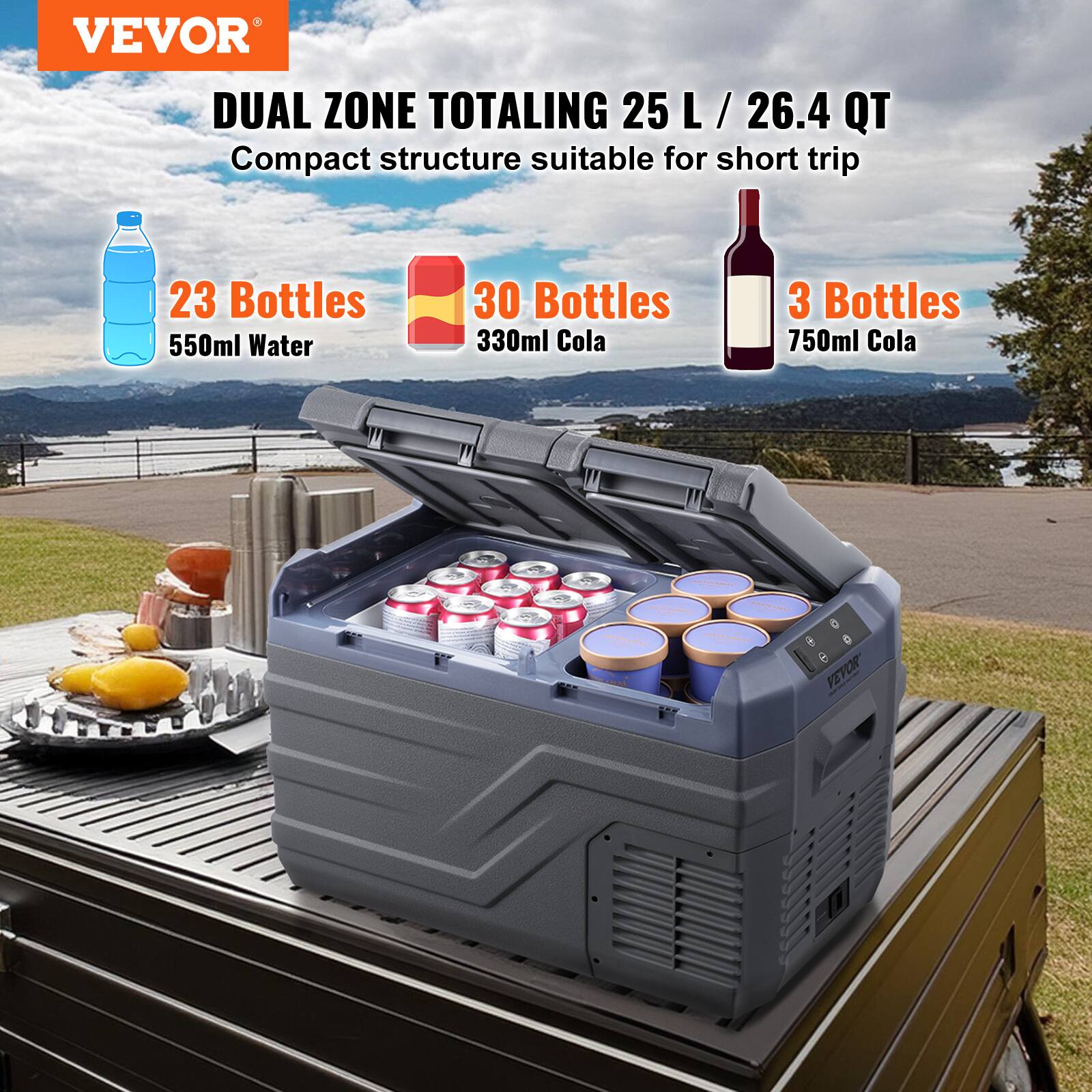 VEVOR DUAL ZONE TOTALING 25 L/ 26.4 QT Compact structure suitable for short trip
23 Bottles 550ml Water
30 Bottles 330ml Cola
3 Bottles 750ml Cola
