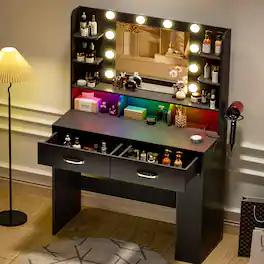 CloudRest Pro - Vanity Desk with Power Outlet Vanity Table RGB LED Lights Makeup Vanity Set - Black