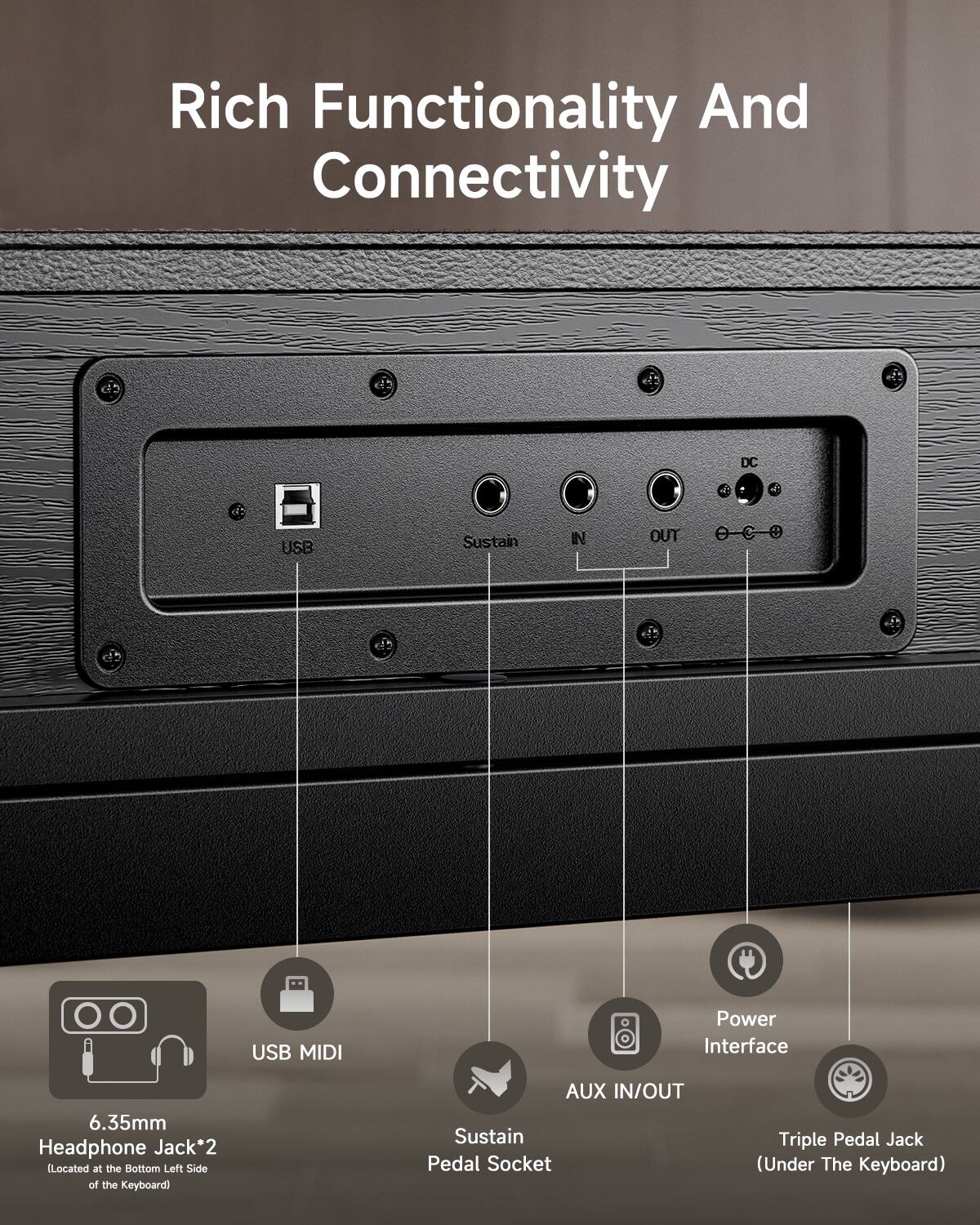 USB MIDI, Power Interface, 6.35mm Headphone Jack*2 (Located at the Bottom Left Side of the Keyboard), AUX IN/OUT, Sustain Pedal Socket, Triple Pedal Jack (Under The Keyboard)