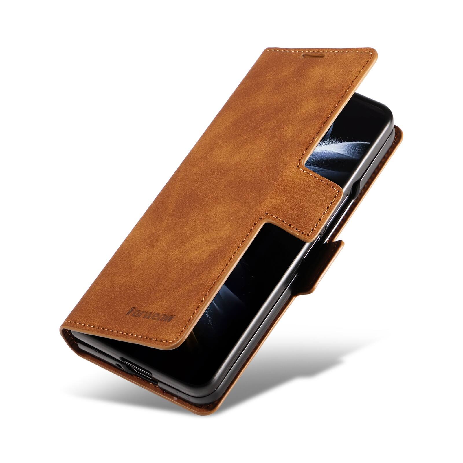 Left. Dteck - Shockproof PU Leather Case for Samsung Galaxy Z Fold 8 Ultra, Wallet RFID Blocking with Card Slots Flip Stand Cover - Brown.