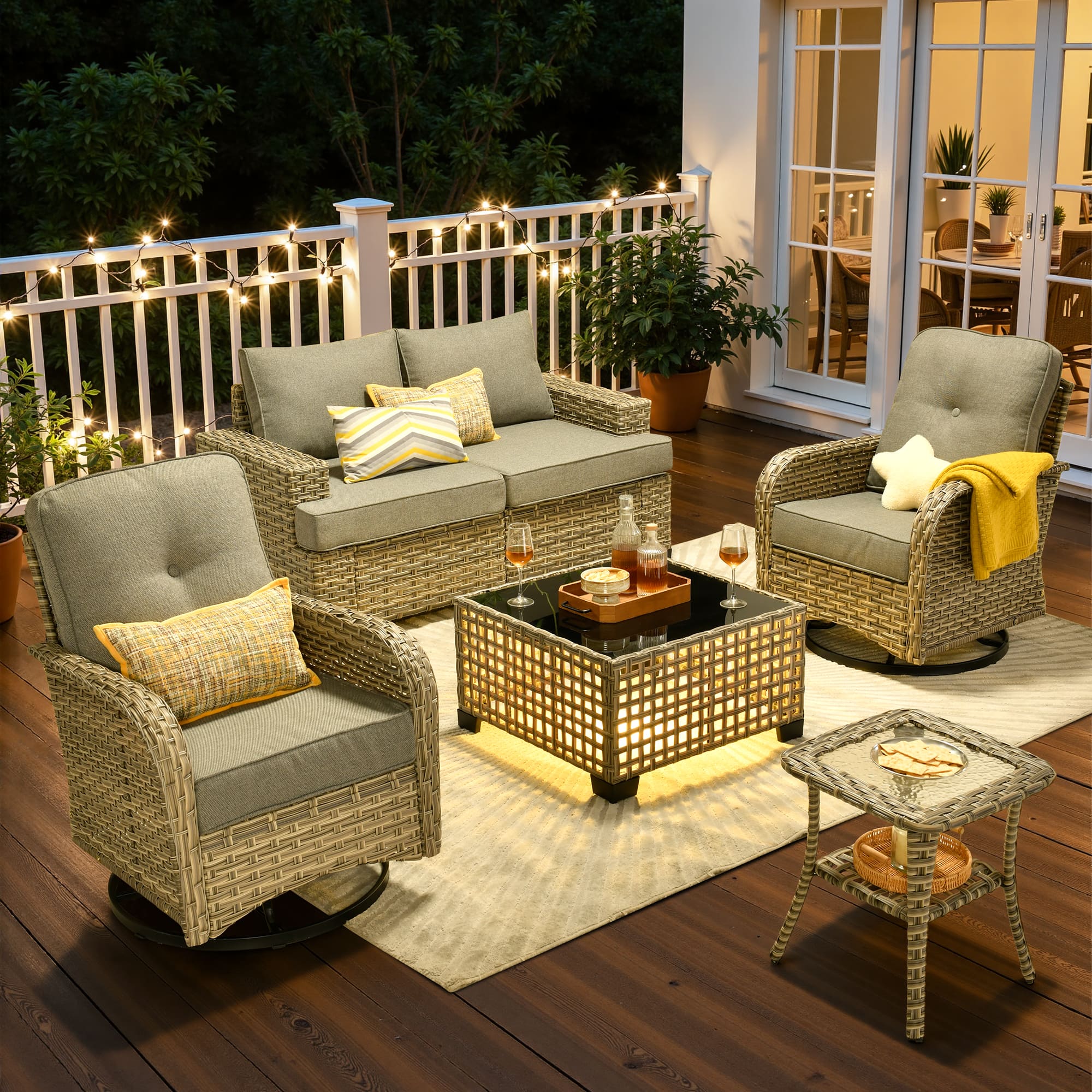 Ovios - 6 PCS Patio Furniture Set, Sectional Loveseat with Swivel Chairs, Coffee Table & Side Table - Dark Gray