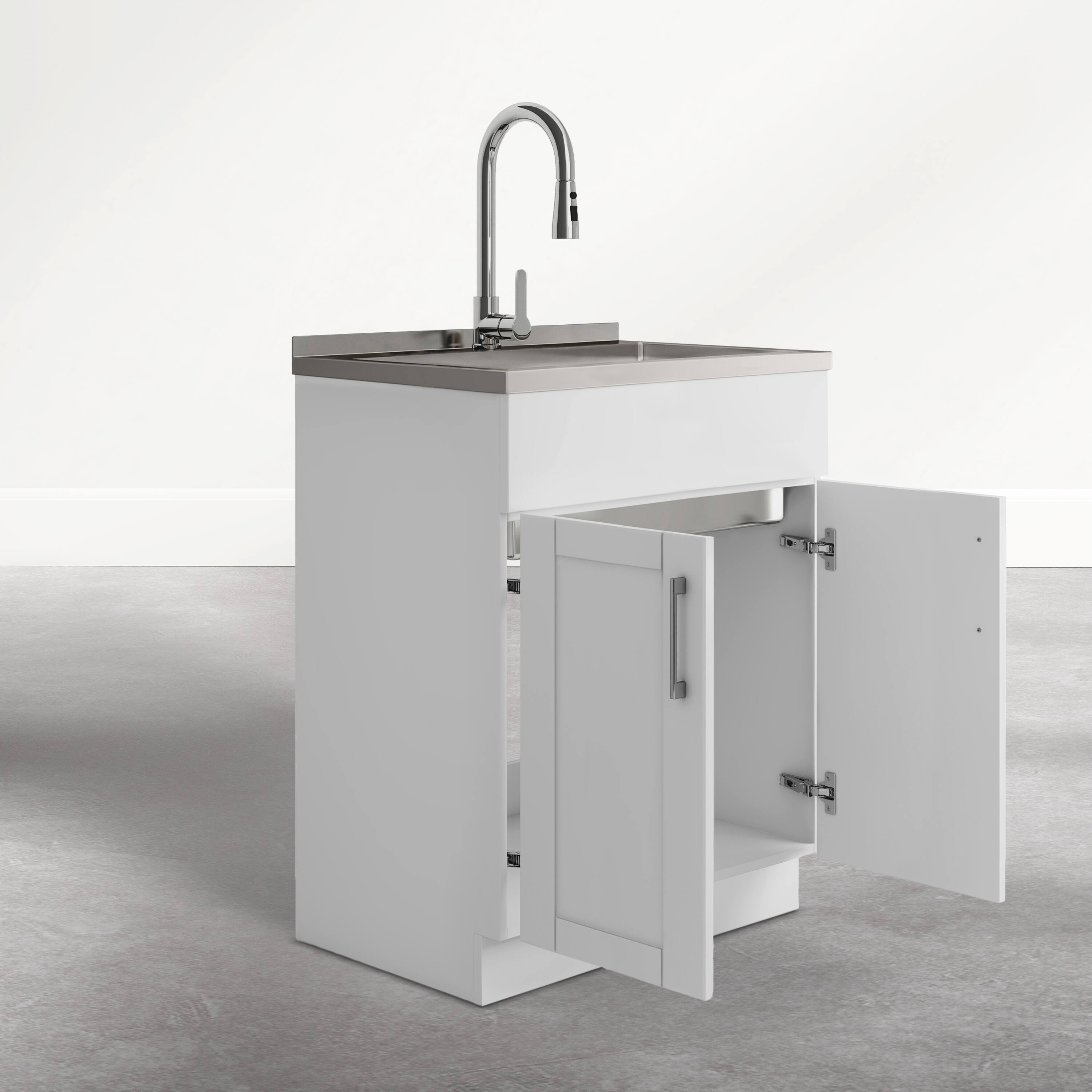 Left. Simpli Home - Modern Wide Shaker 28 inch Wide Utility Sink and Laundry Cabinet, Glacier White Finish - Glacier White.