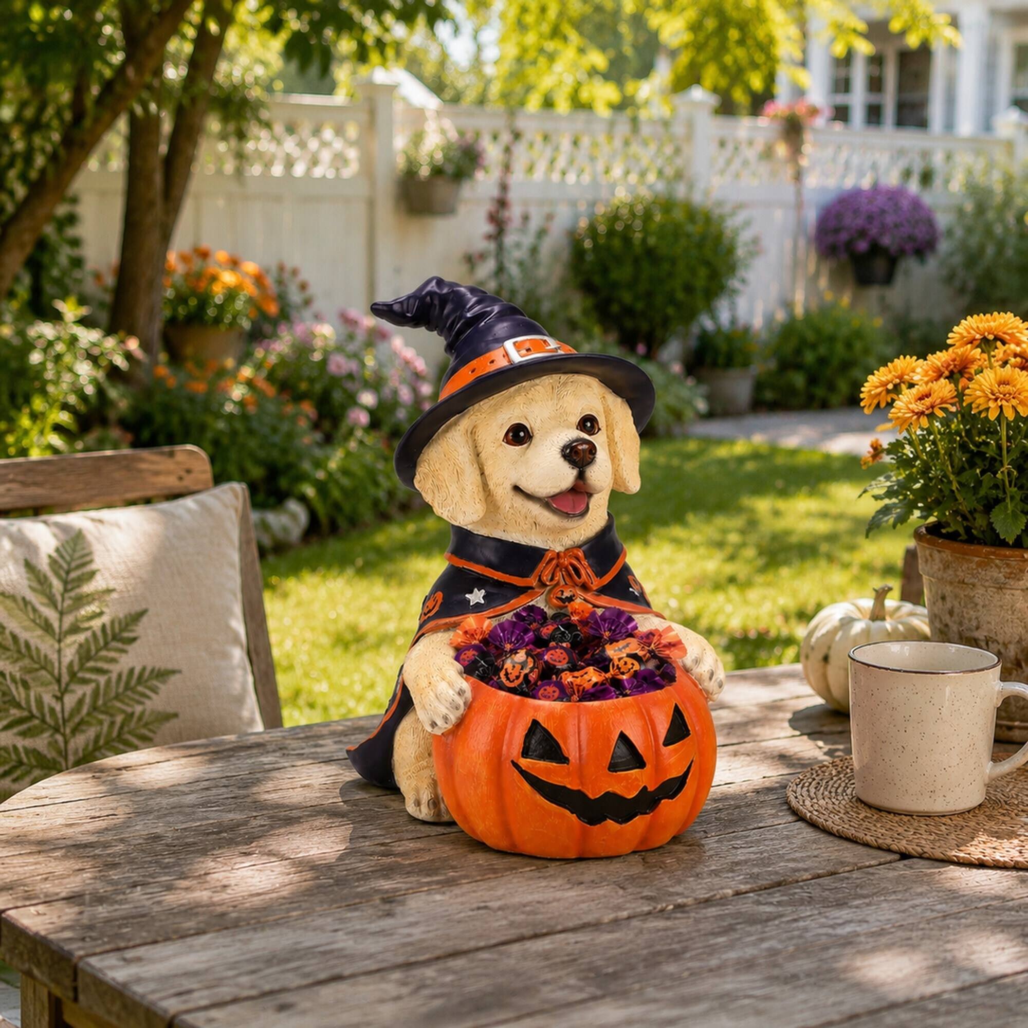 Alt View 2. RYHNUYNE - Halloween Labrador Retriever Witch Puppy Figurine with Pumpkin Candy Bowl, Hand-Painted Resin Dog Decor - Beige.
