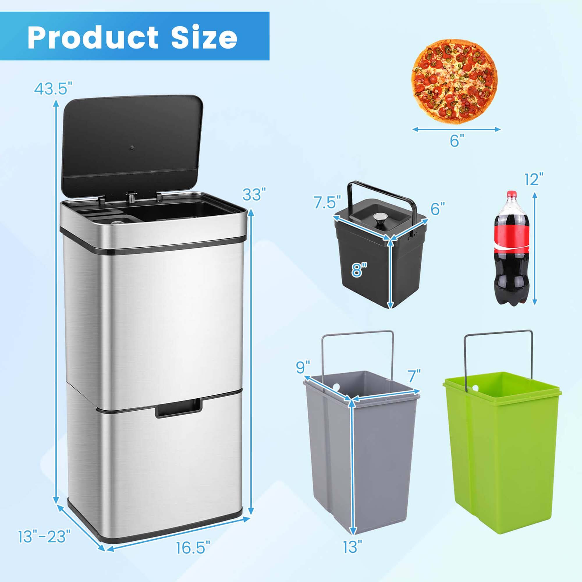 Product Size

- 43.5" (Height)
- 33" (Width)
- 16.5" (Depth)
- 13" - 23" (Base)

- 6" (Pizza Diameter)
- 12" (Bottle Height)

- 7.5" (Small Bin Height)
- 8" (Small Bin Width)
- 6" (Small Bin Depth)

- 9" (Medium Bin Height)
- 7" (Medium Bin Width)
- 13" (Medium Bin Depth)

- 13" (Large Bin Height)
- 7" (Large Bin Width)
- 9" (Large Bin Depth)