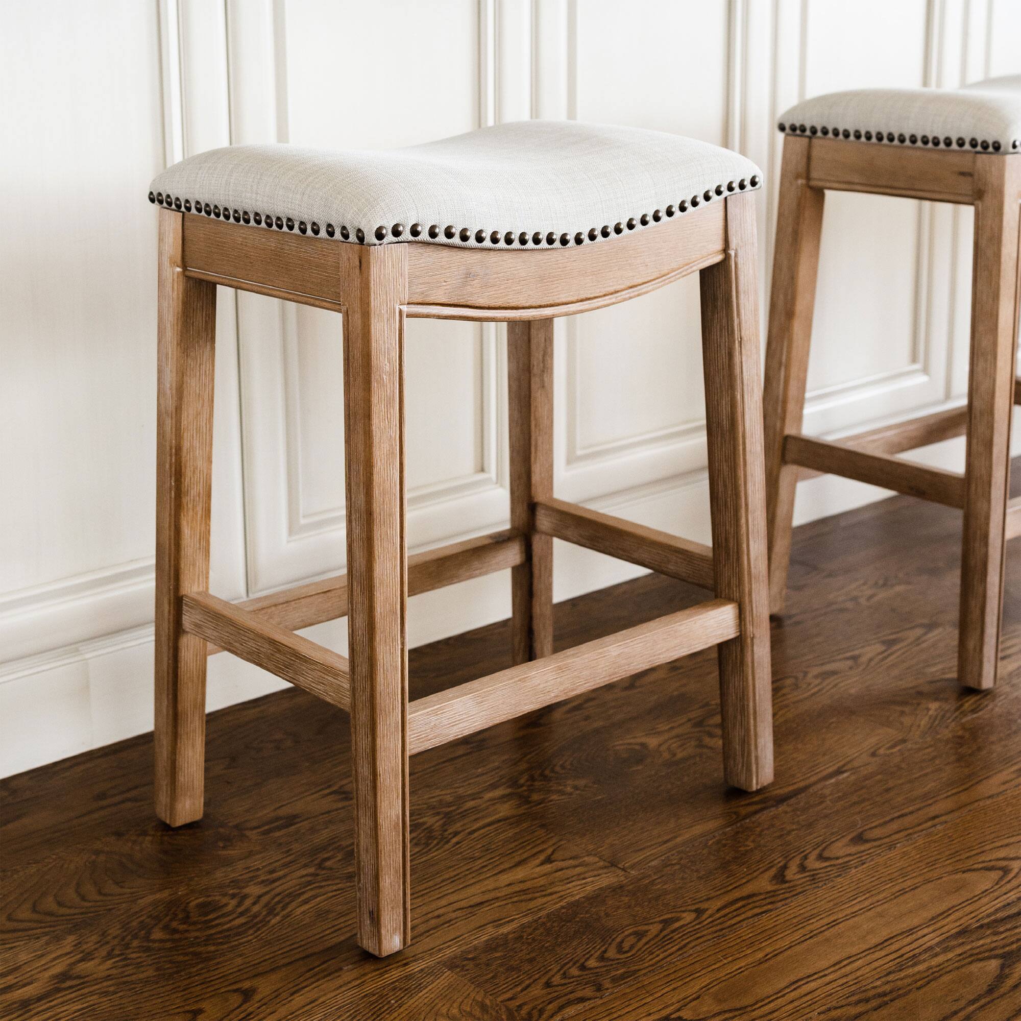 Alt View 10. Maven Lane - Maven Lane Adrien Saddle Bar Stool in Weathered Oak Finish w/ Sand Color Fabric Upholstery, Set of 4 - Weathered Oak.