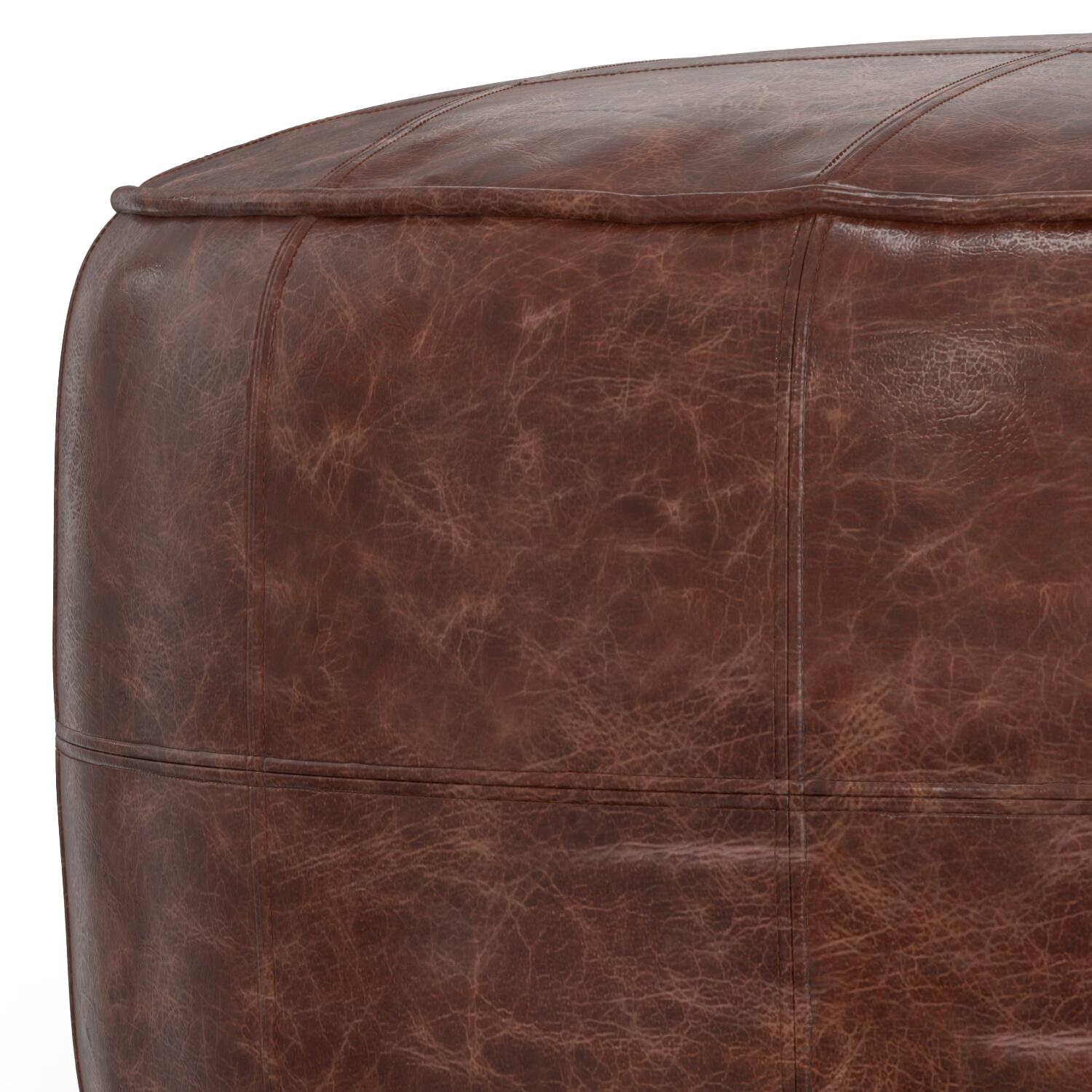 Alt View 4. Simpli Home - Simpli Home Connor 34 inch Wide Round Coffee Table Pouf in Distressed Brown Genuine Leather - Distressed Brown.