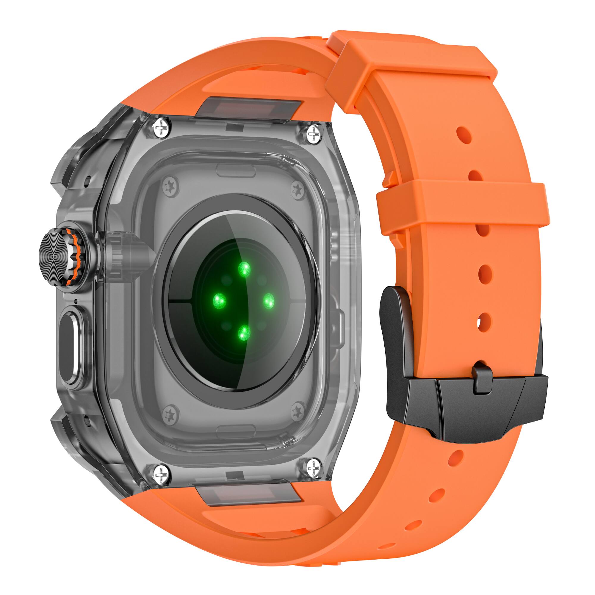 Left. Dteck - Shockproof Integrated Rubber Band+ Rugged Case For Apple Watch Ultra 3/Ultra2/Ultra 1 49mm Silicone Sport Band - Blackorange.