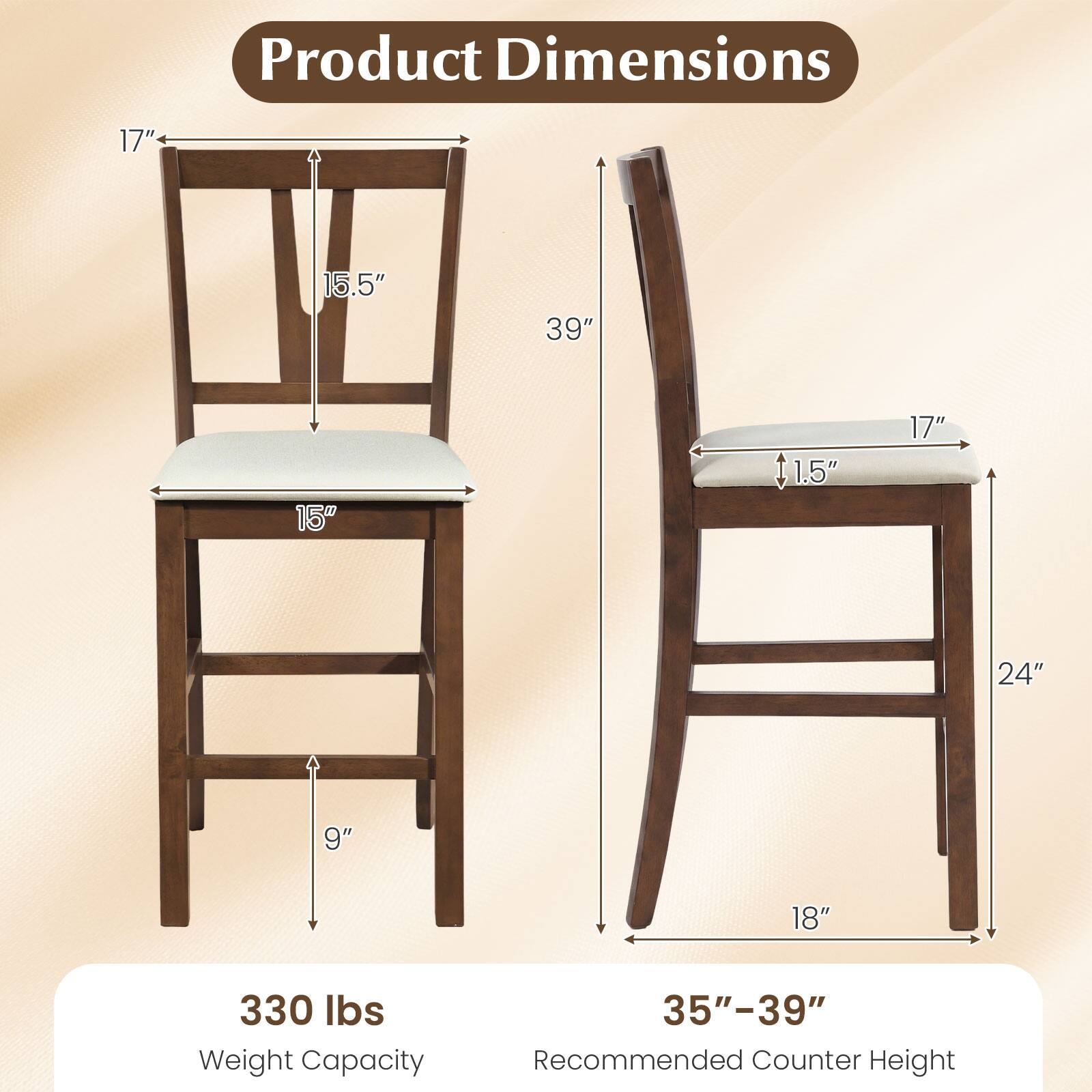 Product Dimensions: 17" x 15.5" x 39" x 15" x 1.5" x 17" x 24" x 9" x 18"  
Weight Capacity: 330 lbs  
Recommended Counter Height: 35"-39"