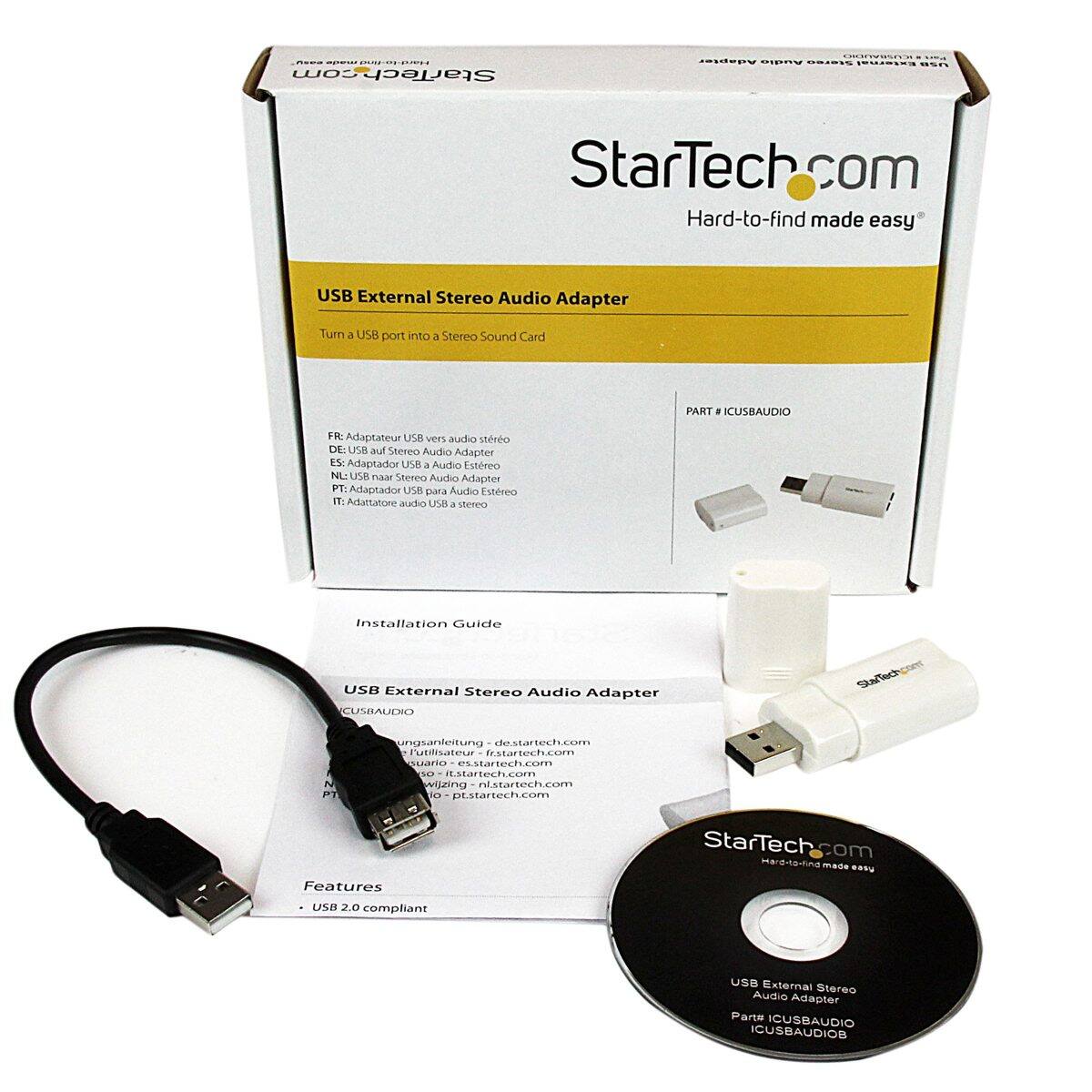 StarTech.com  
Hard-to-find made easy  

USB External Stereo Audio Adapter  
Turn a USB port into a Stereo Sound Card  

PART # ICUSBAUDIO  

FR: Adaptateur USB vers audio stéréo  
DE: USB auf Stereo Audio Adapter  
ES: Adaptador USB a Audio Estreo  
PT: Adaptador USB para Audio Estreo  
IT: Adattatore audio USB a stero  

Installation Guide  

USB External Stereo Audio Adapter  
Features  
- USB 2.0 compliant  

StarTech.com  
Hard-to-find made easy  

USB External Stereo Audio Adapter  
Part # ICUSBAUDIO  
ICUSBAUDIOB
