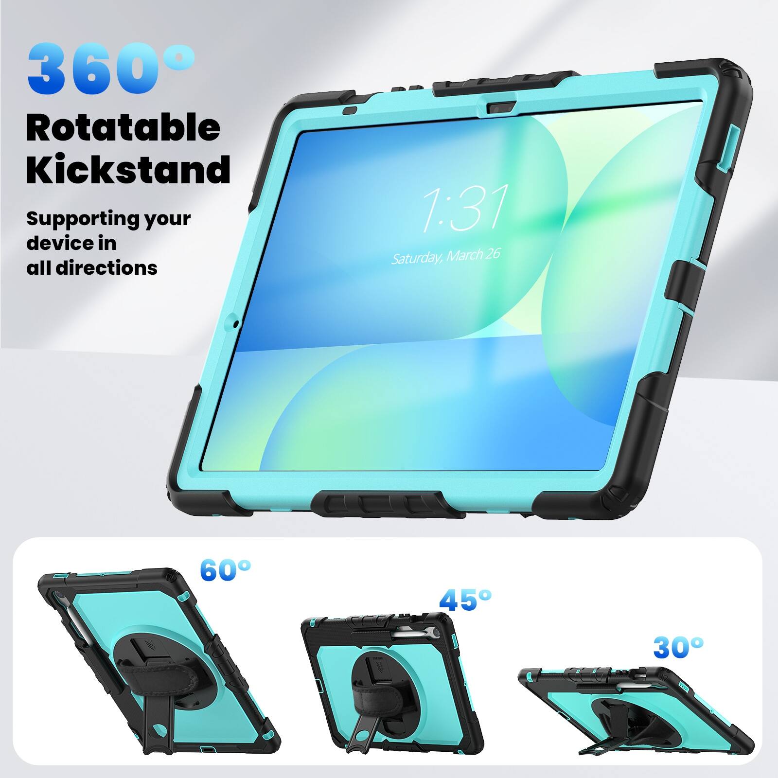 360° Rotatable Kickstand  
Supporting your device in all directions  

1:31  
Saturday, March 26  

60°  
45°  
30°