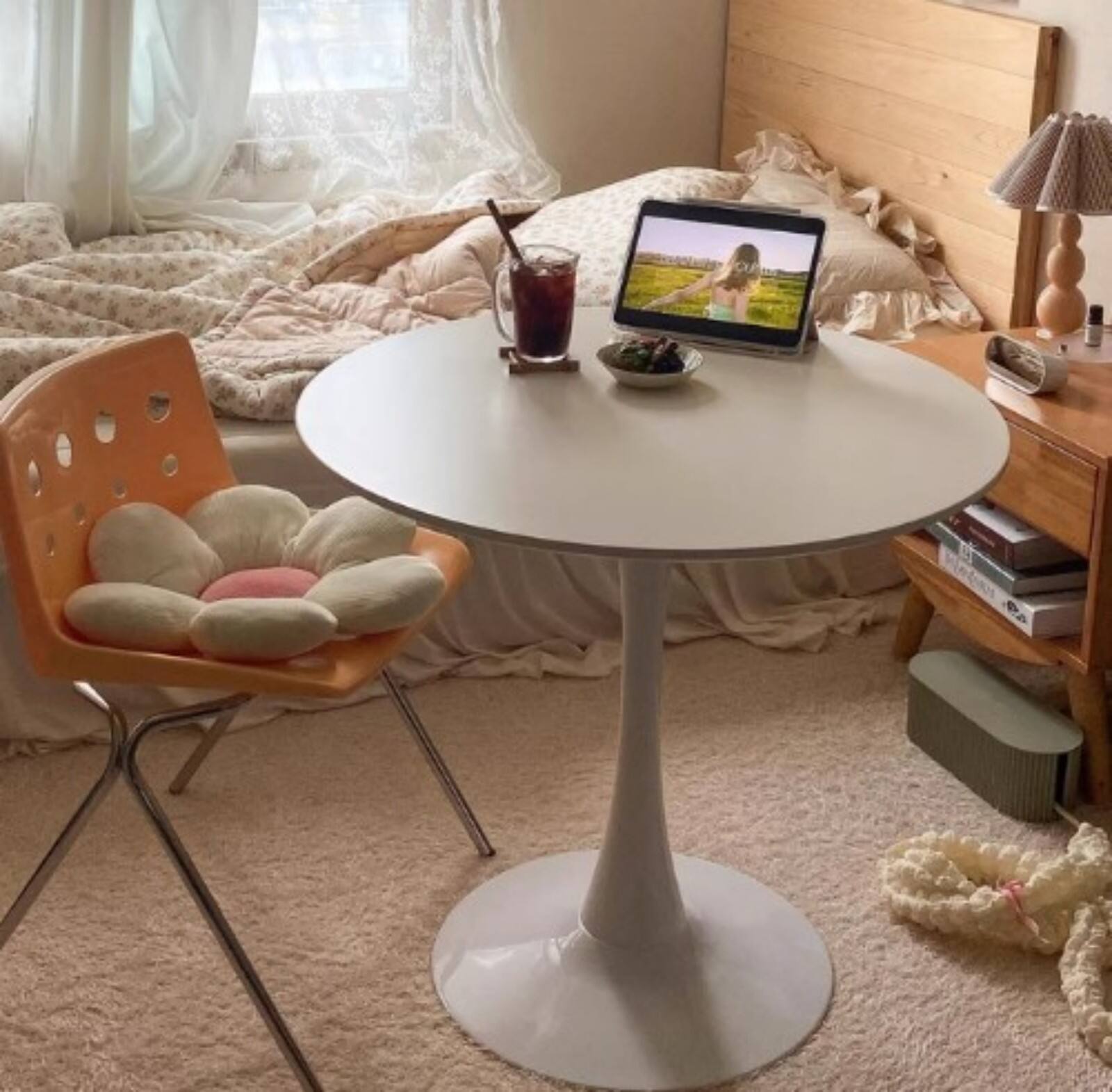 Alt View 8. Ecooso - 24" Modern Round Dining Table with Cylindrical Metal Base and Wood-Grain Top for Kitchen, Living Room, or Small Spaces - White.