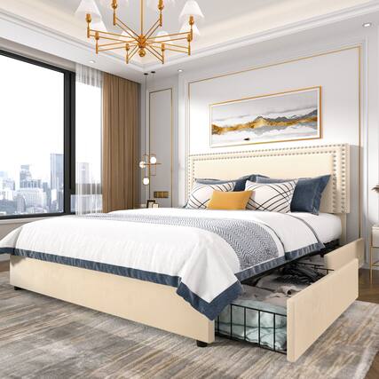 Front. Vecelo - Velvet Upholstered Queen Bed Frame with 4 Storage Drawers, Adjustable Headboard, Rivet Trim, No Box Spring Needed - Beige.