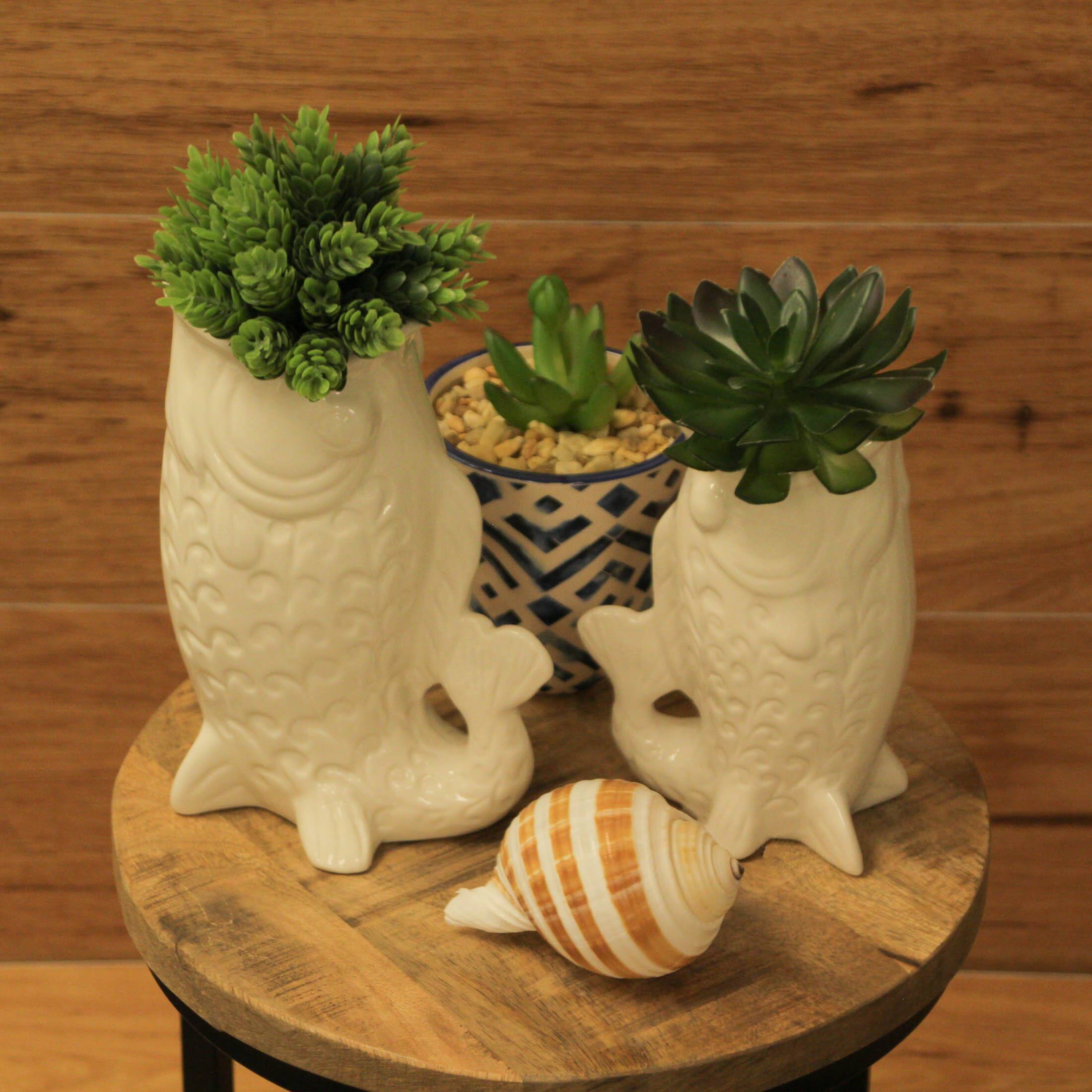 Alt View 4. Zeckos - White Fish Decorative Vases Set of 2 Ceramic Coastal Tabletop 8.5in and 7in - White.