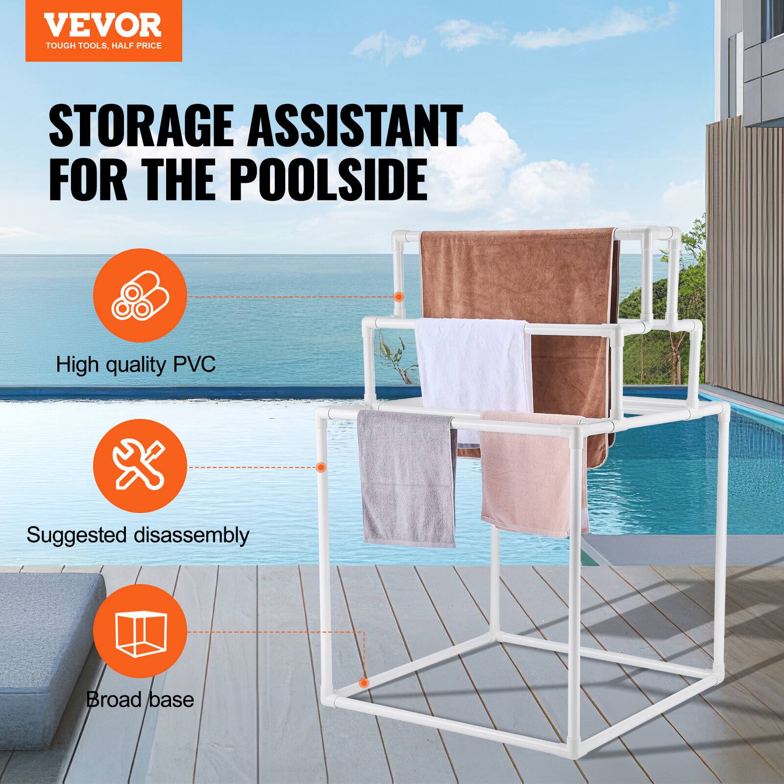 VEVOR TOUGH TOOLS. HALF PRICE STORAGE ASSISTANT FOR THE POOLSIDE. High quality PVC. Suggested disassembly. Broad base.