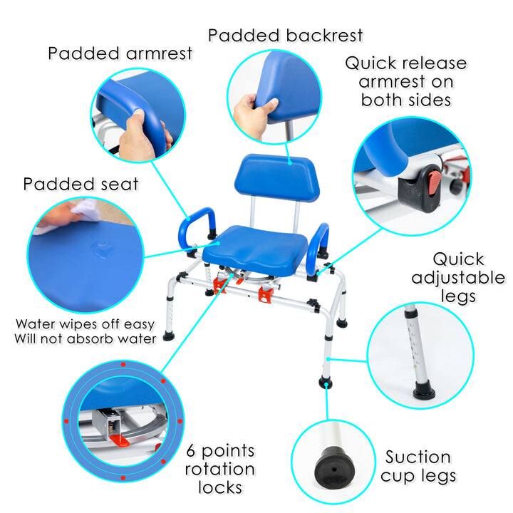 - Padded backrest
- Padded armrest
- Quick release armrest on both sides
- Padded seat
- Water wipes off easy
- Will not absorb water
- Quick adjustable legs
- 6 points rotation locks
- Suction cup legs