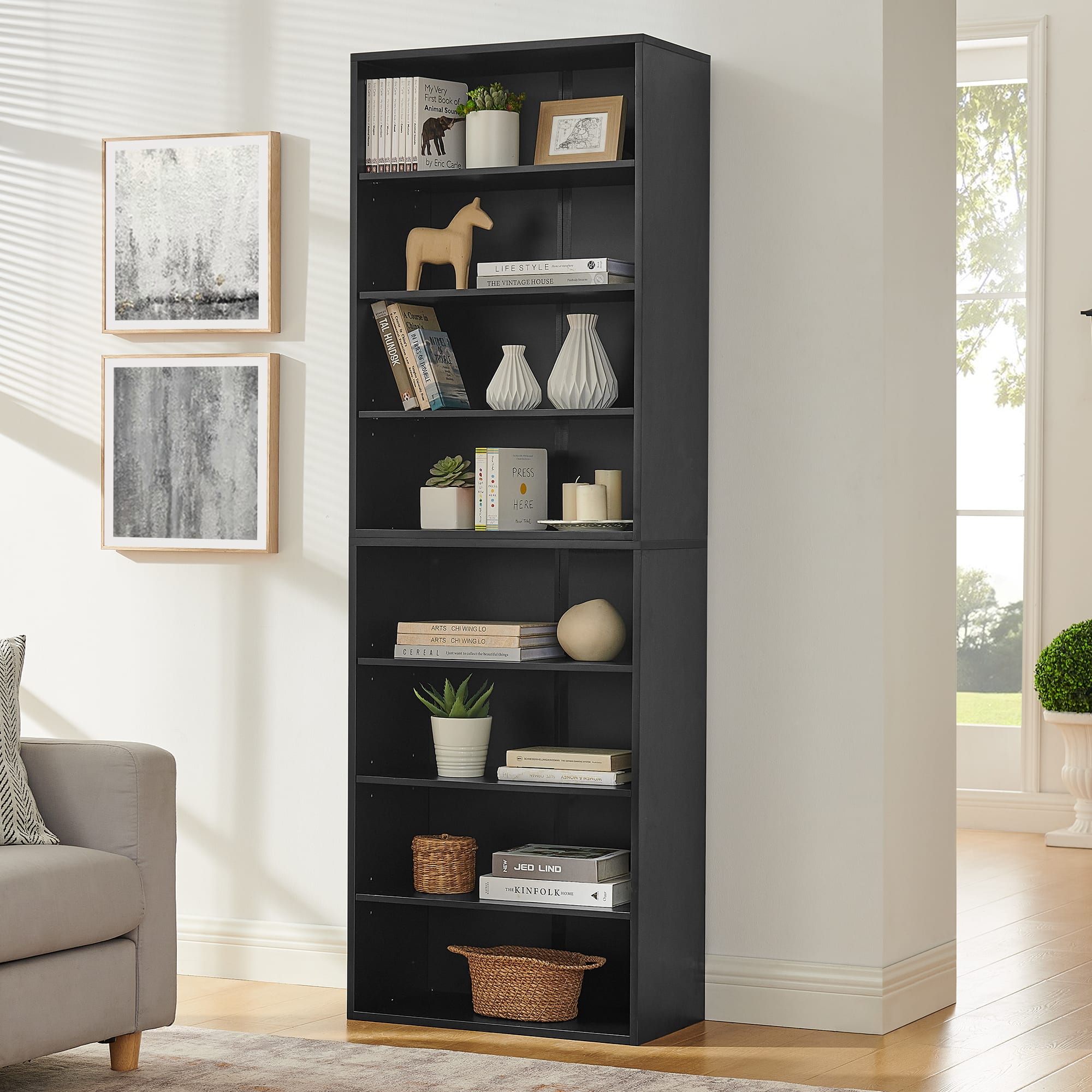 Spaco - CD DVD Storage Cabinet with 8 Adjustable Shelves, Splits into Two Bookcases for Home Office - Black