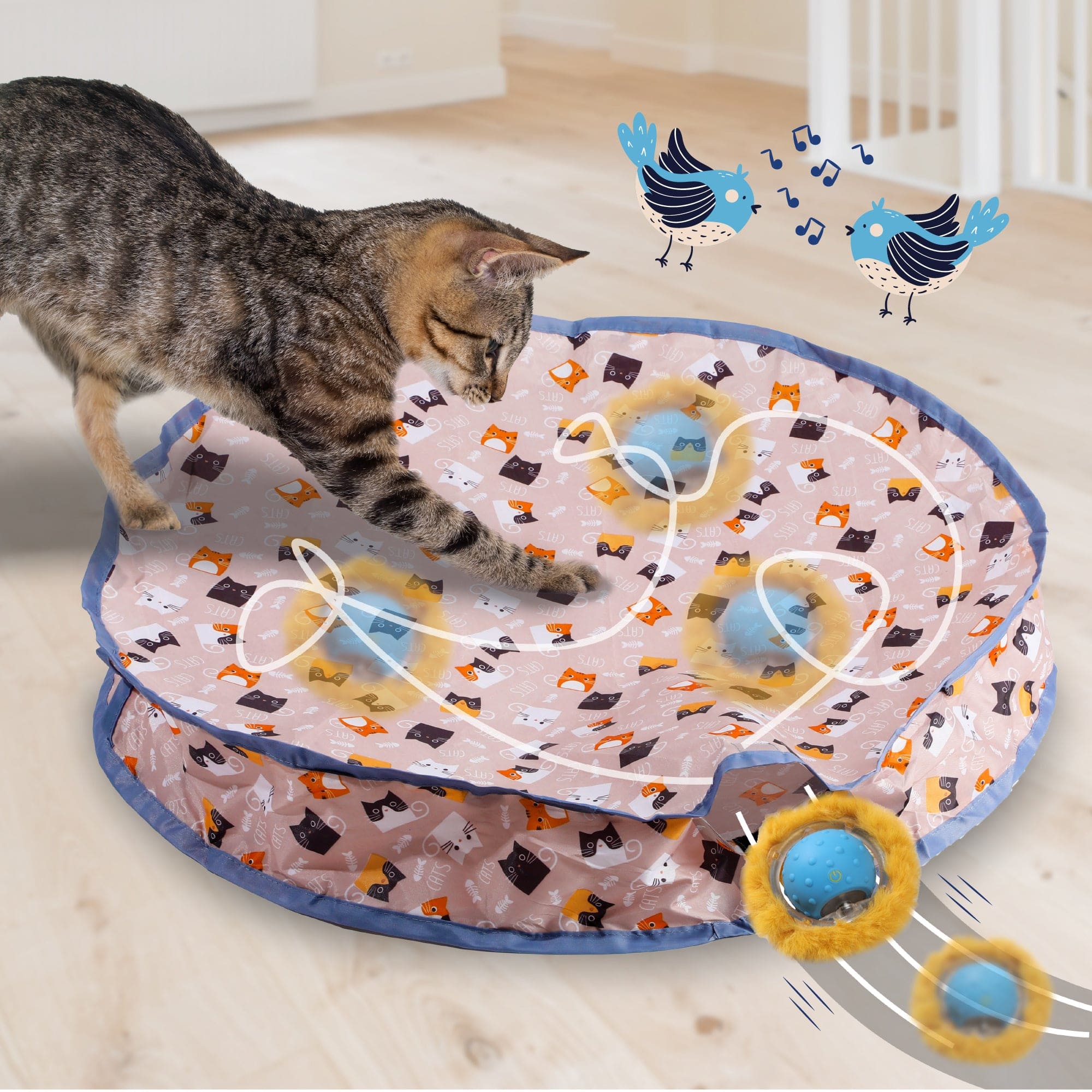 PawsPik - Hide & Seek Interactive Fast Rolling Ball Cat Toy with Motion-Activated Chirping Sound, Tan - Yellow