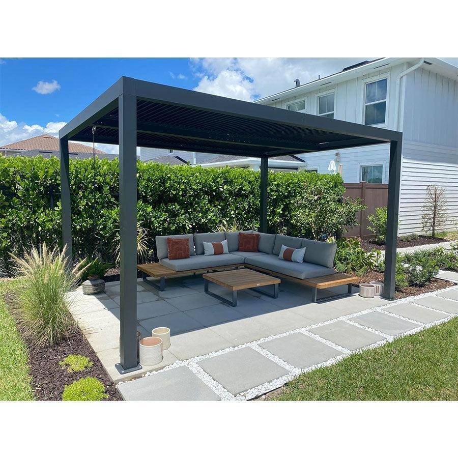Angle. PURPLE LEAF - Louvered Pergola Outdoor Gray Aluminum Pergola with Adjustable Roof for Deck Backyard Garden Hardtop Gazebo - 11' X 13'.