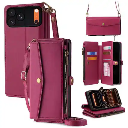 Front. Topteng - 6-in-1 Wallet Case for iPhone 17/17 Air/17 Pro/17 Pro Max with Wrist & Crossbody Straps, Zipper Pocket, Card Holders - iPhone 17 Pro Max Red.