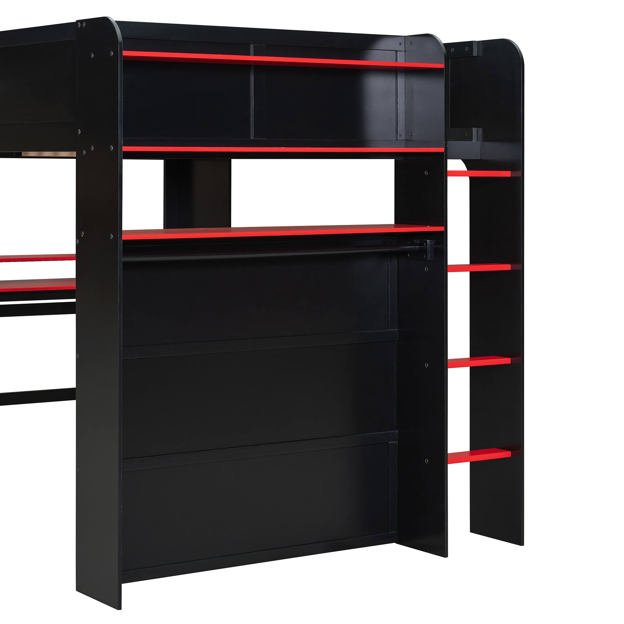 Alt View 2. Anysun - Full Size Wood Bunk Bed with height-adjustable Desk,Wardrobe,Ample Storage Space,and RGB Light - Red.