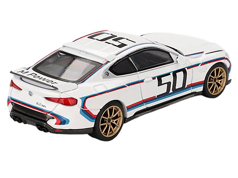 Left. Mini GT - BMW 3.0 CSL #50 White with Blue and Red Stripes and Gold Wheels Limited Edition 1/64 Diecast Model Car by Mini GT - White, Blue, Red, Gold.