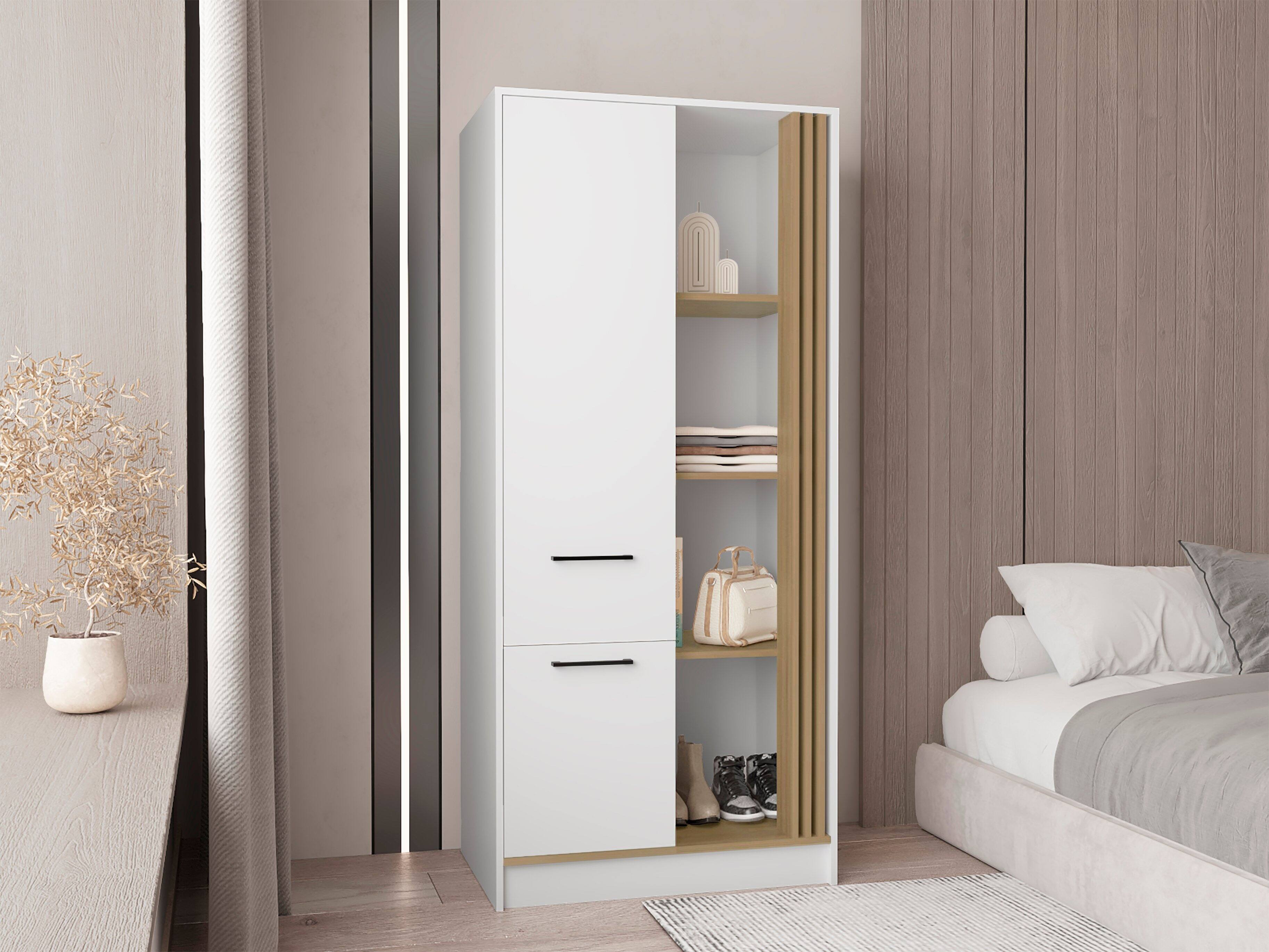 Left. TuHome - Vance Armoire With Double Doors, Interior Hanging Rod And Shelves, Freestanding Modern Wardrobe Closet - Natural Oak.