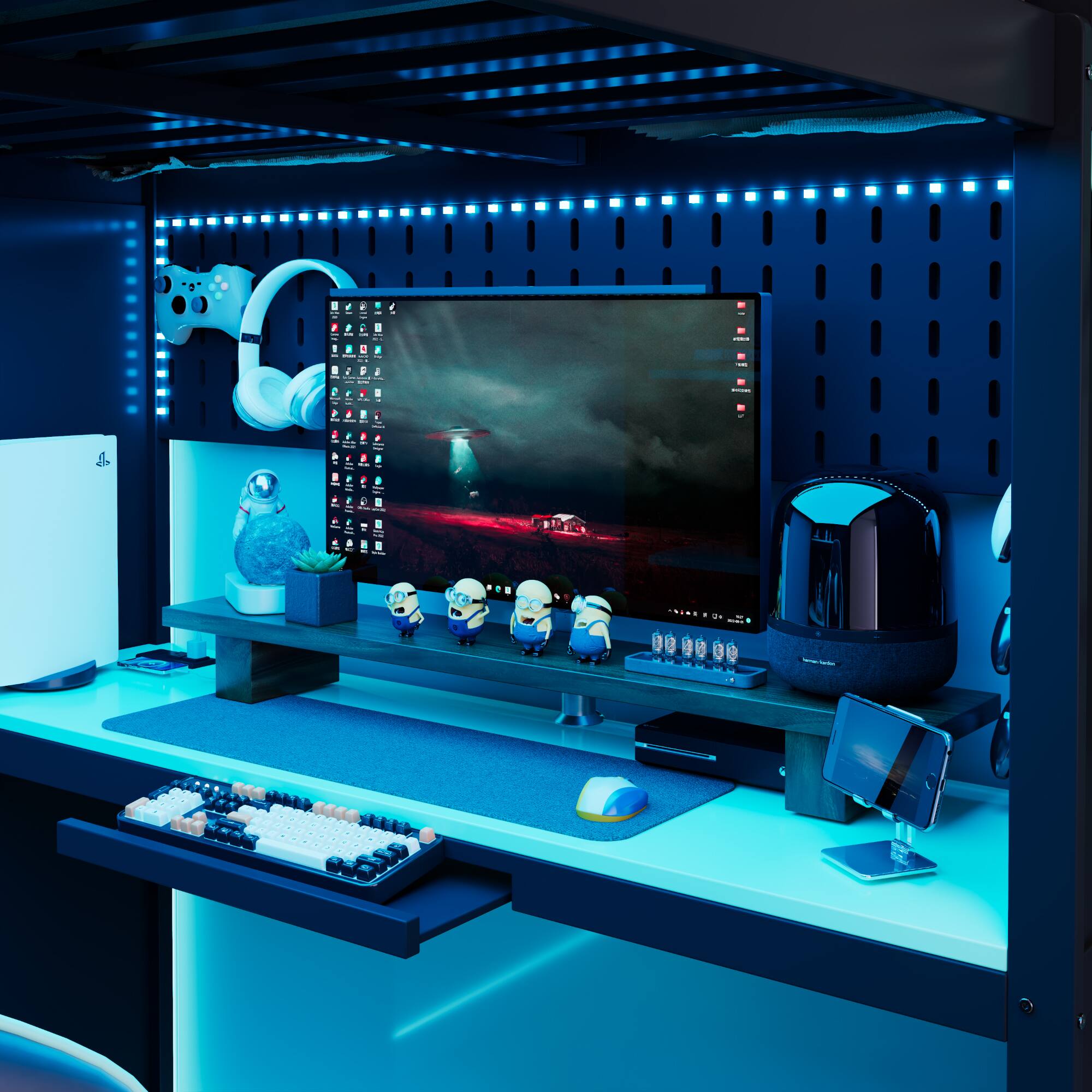 Left. Anysun - Full Size Wood Loft Bed with,Wardrobe,Shelves,Blackout Curtains,and RGB Lights - Blue.