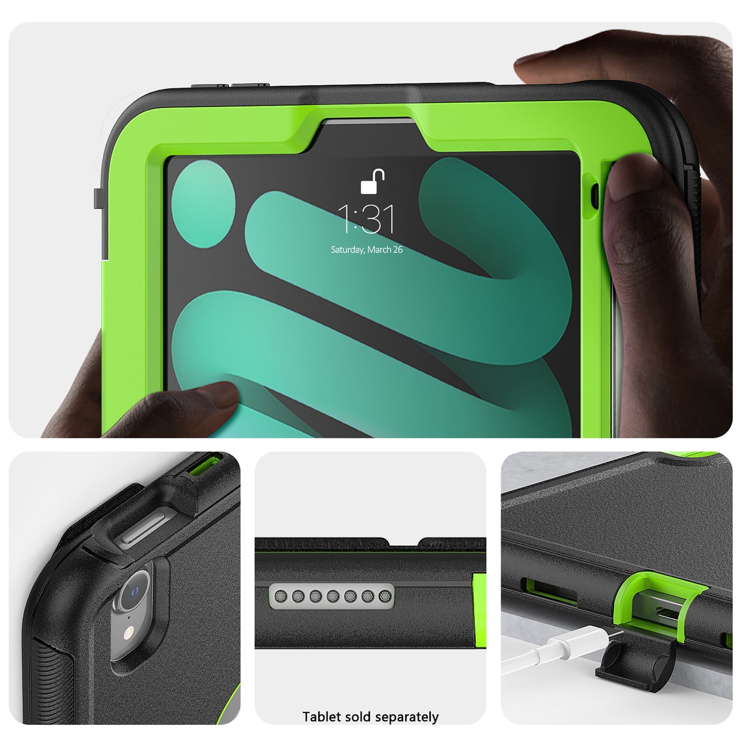 The image showcases a green tablet computer with a neon green case. The tablet is being held by a person, and there are four different views of the tablet in the image. The time displayed on the tablet is 1:31. The tablet is sold separately, as indicated by the text.