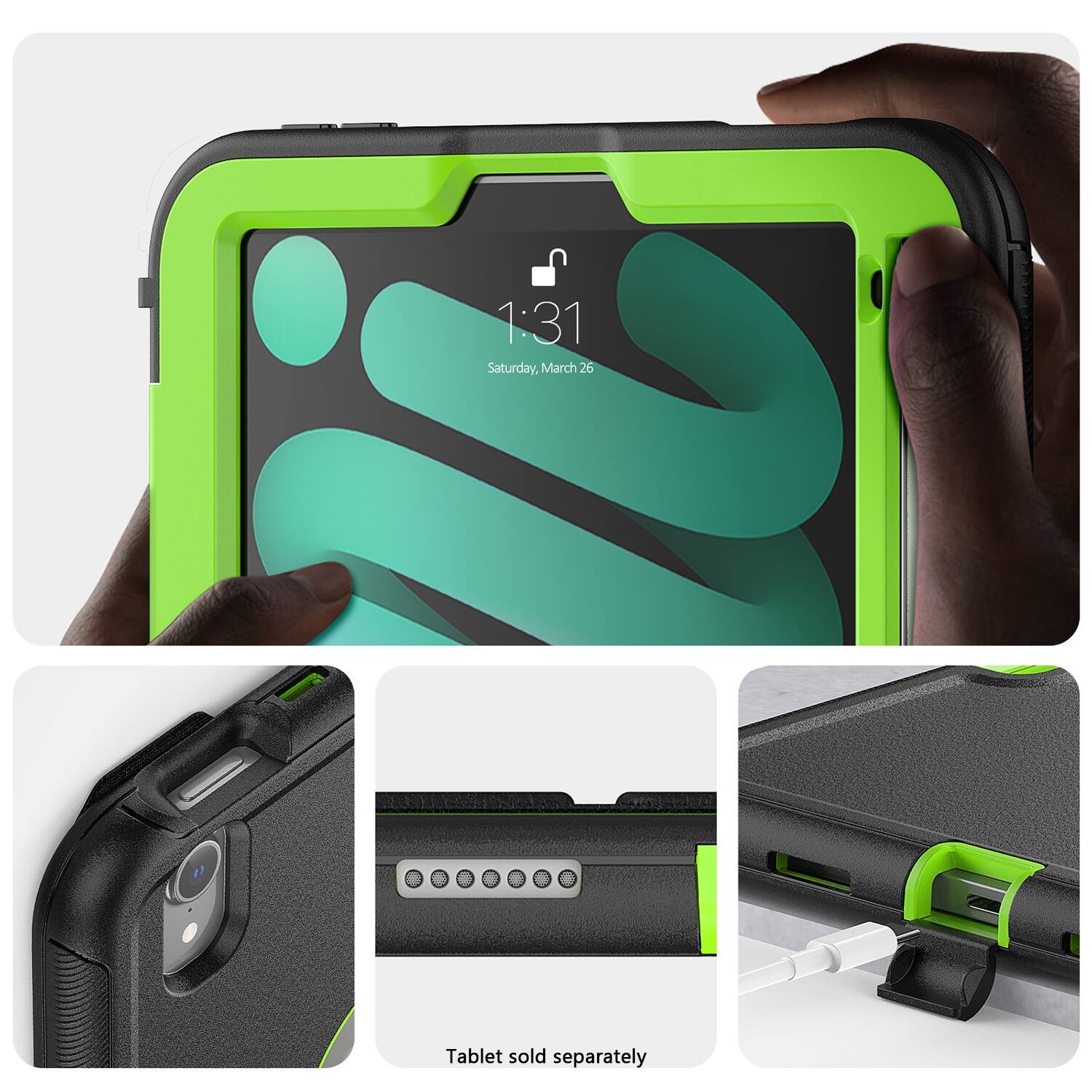 The image showcases a green tablet computer with a neon green case. The tablet is being held by a person, and there are four different views of the tablet in the image. The time displayed on the tablet is 1:31. The tablet is sold separately, as indicated by the text.