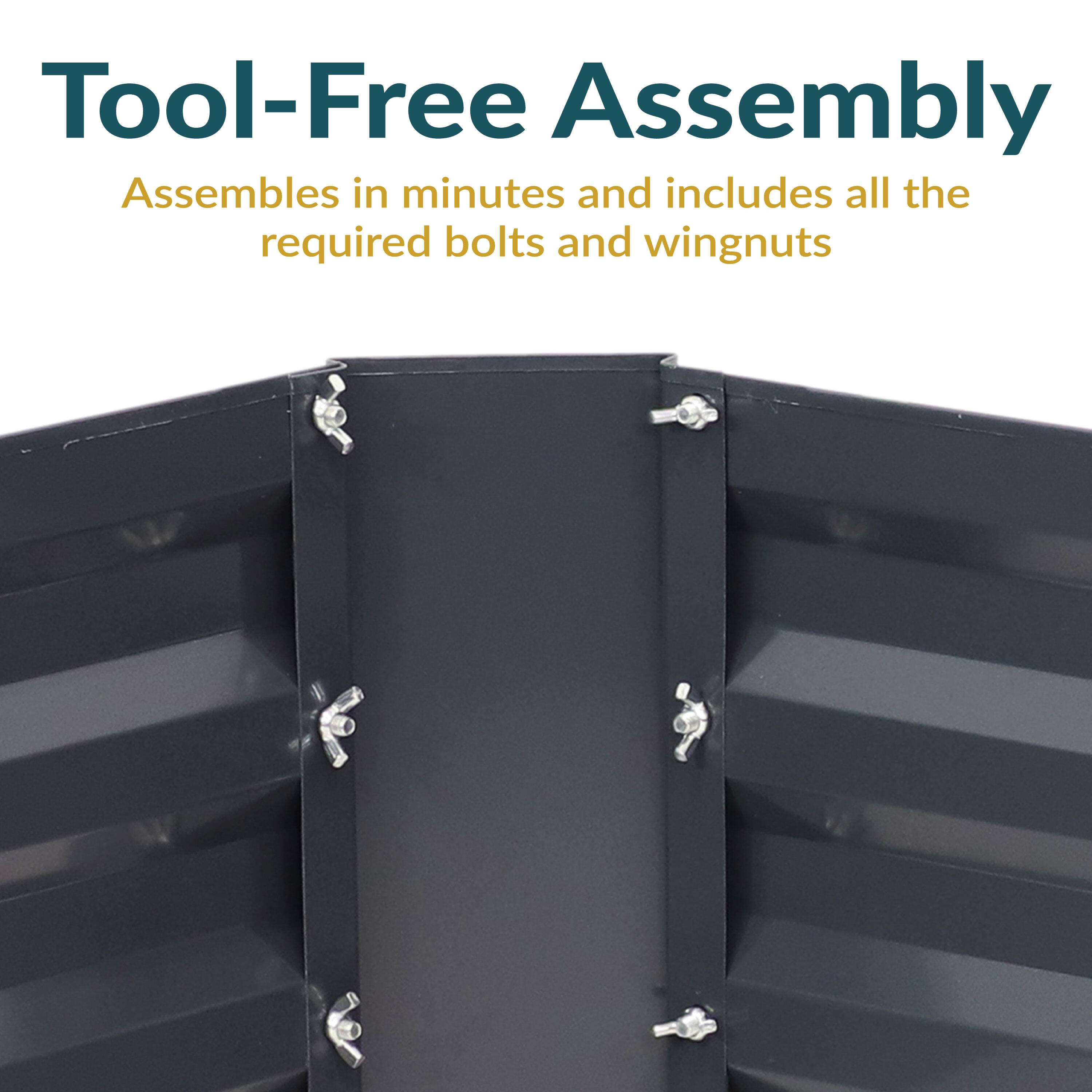 Tool-Free Assembly  
Assembles in minutes and includes all the required bolts and wingnuts