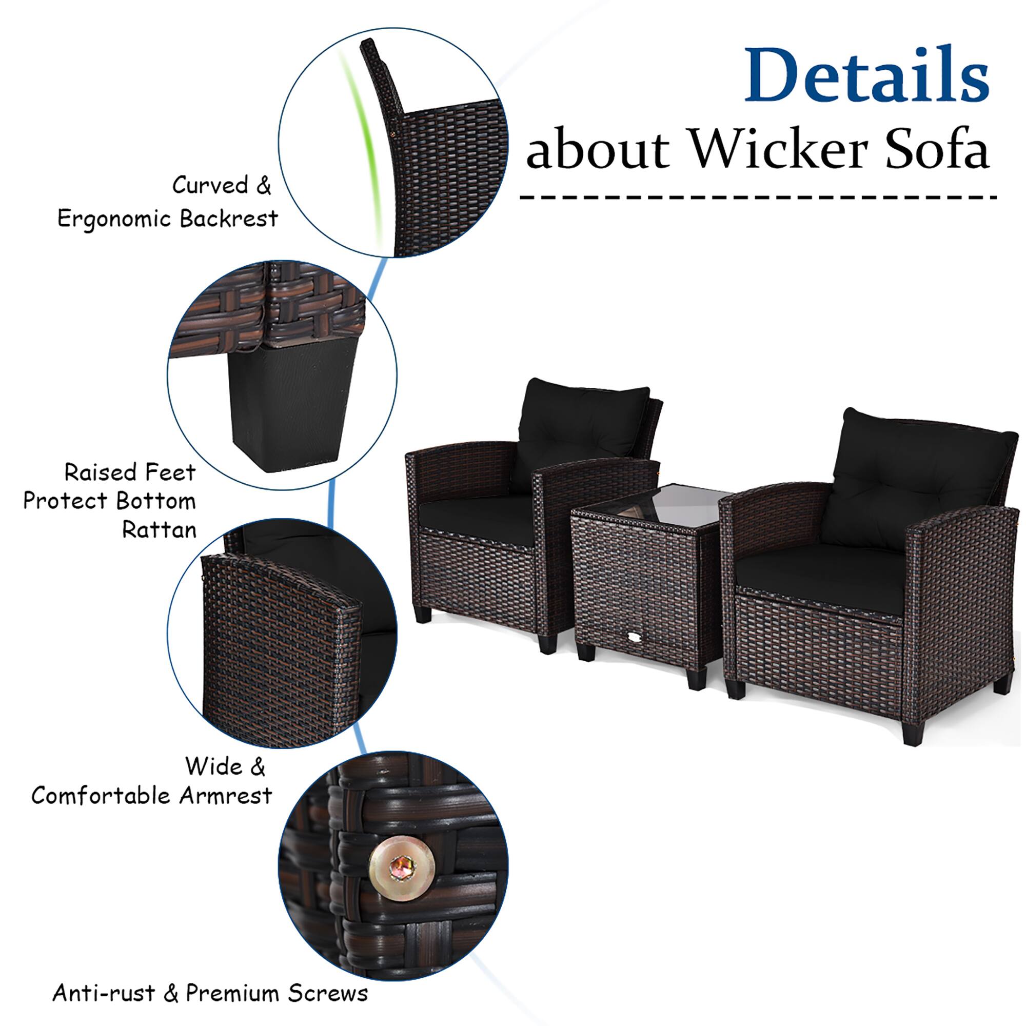 Details about Wicker Sofa: Curved & Ergonomic Backrest, Raised Feet, Protect Bottom Rattan, Wide & Comfortable Armrest, Anti-rust & Premium Screws.